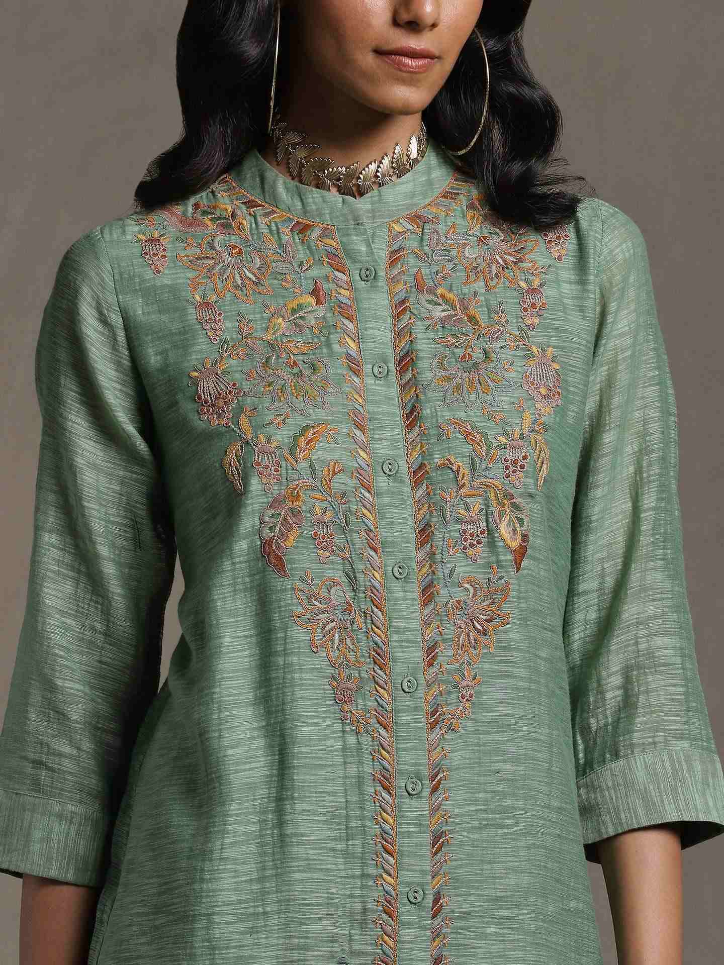 Green Emari Solid Chanderi Kurti