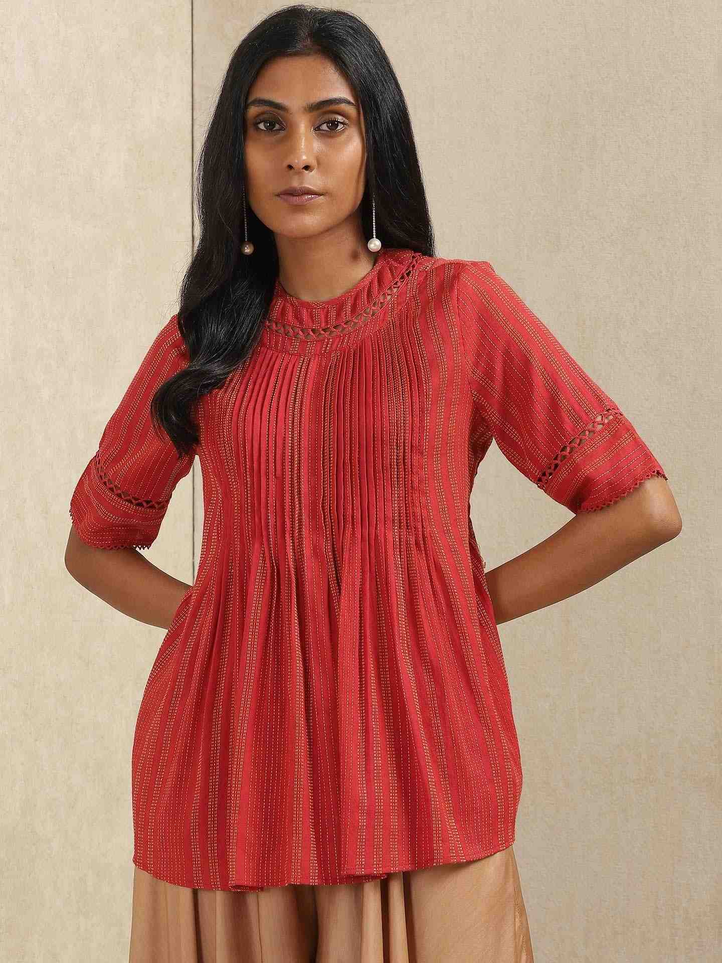 Red Quint Yarn-Dyed Cotton Kurti