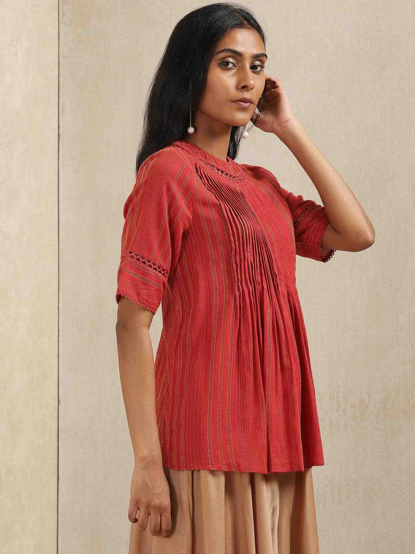 Red Quint Yarn-Dyed Cotton Kurti