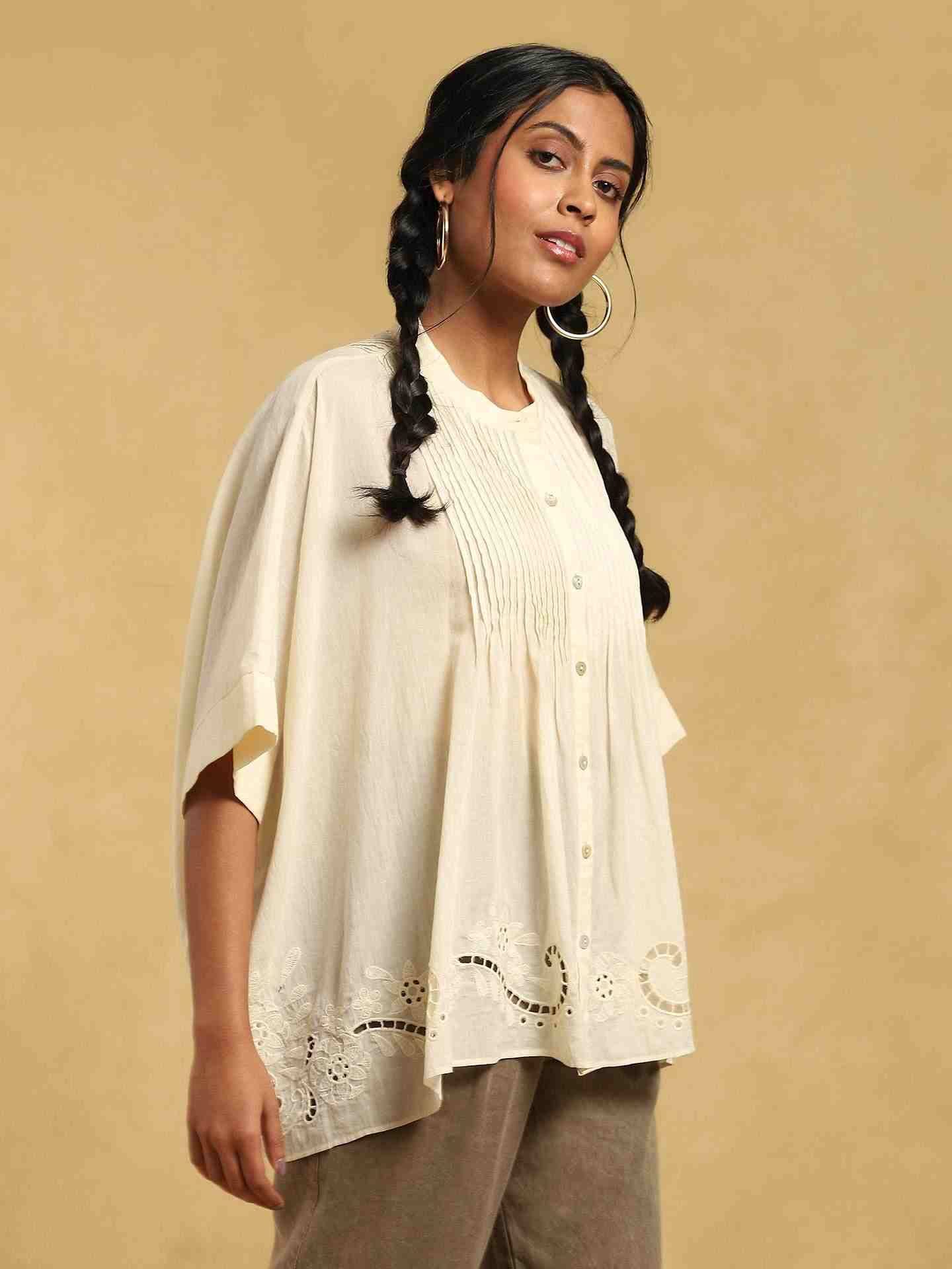 Off White Cut Work Cotton Kurti