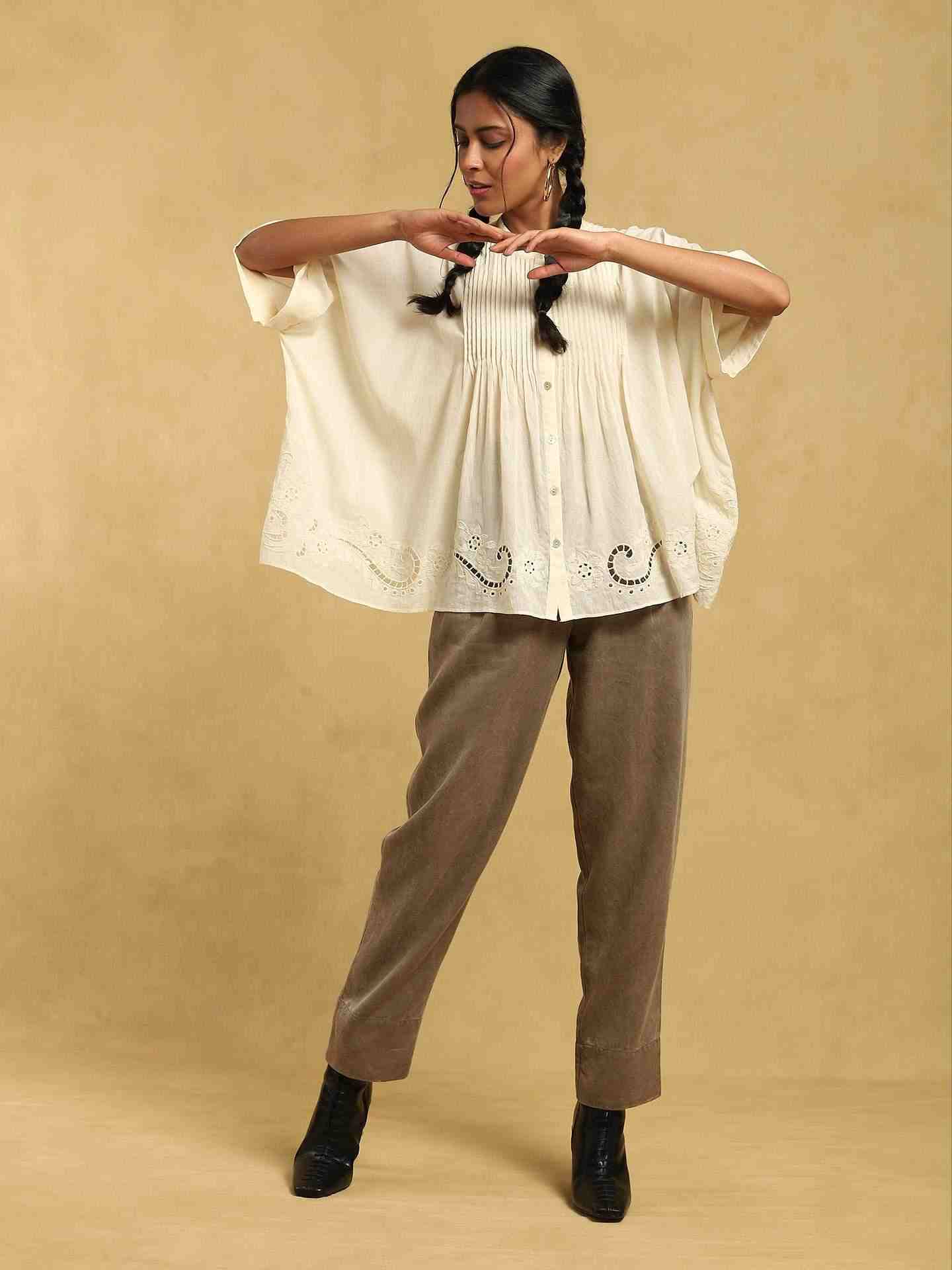 Off White Cut Work Cotton Kurti