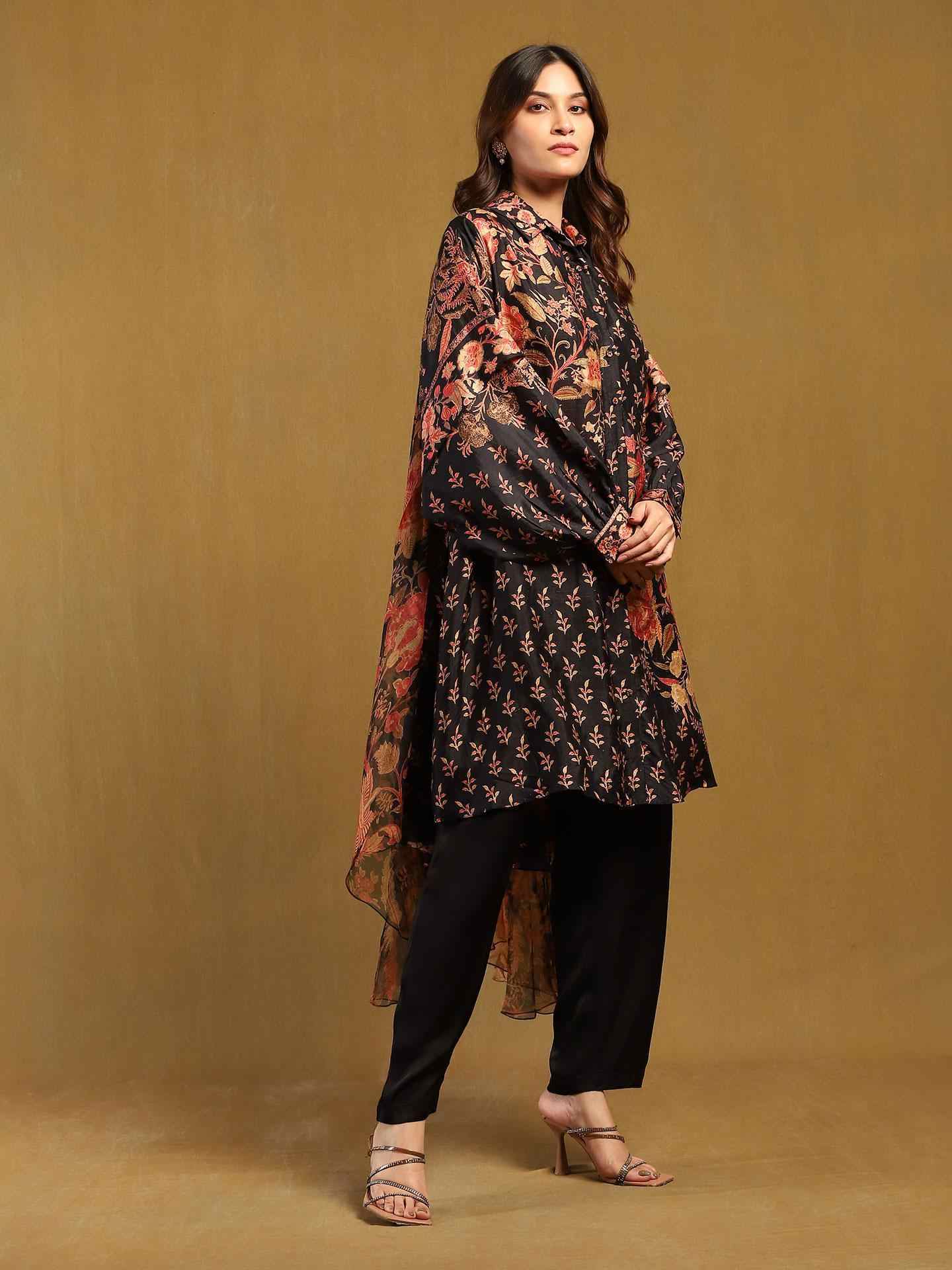 Black & Multi Tree Of Life Kurta