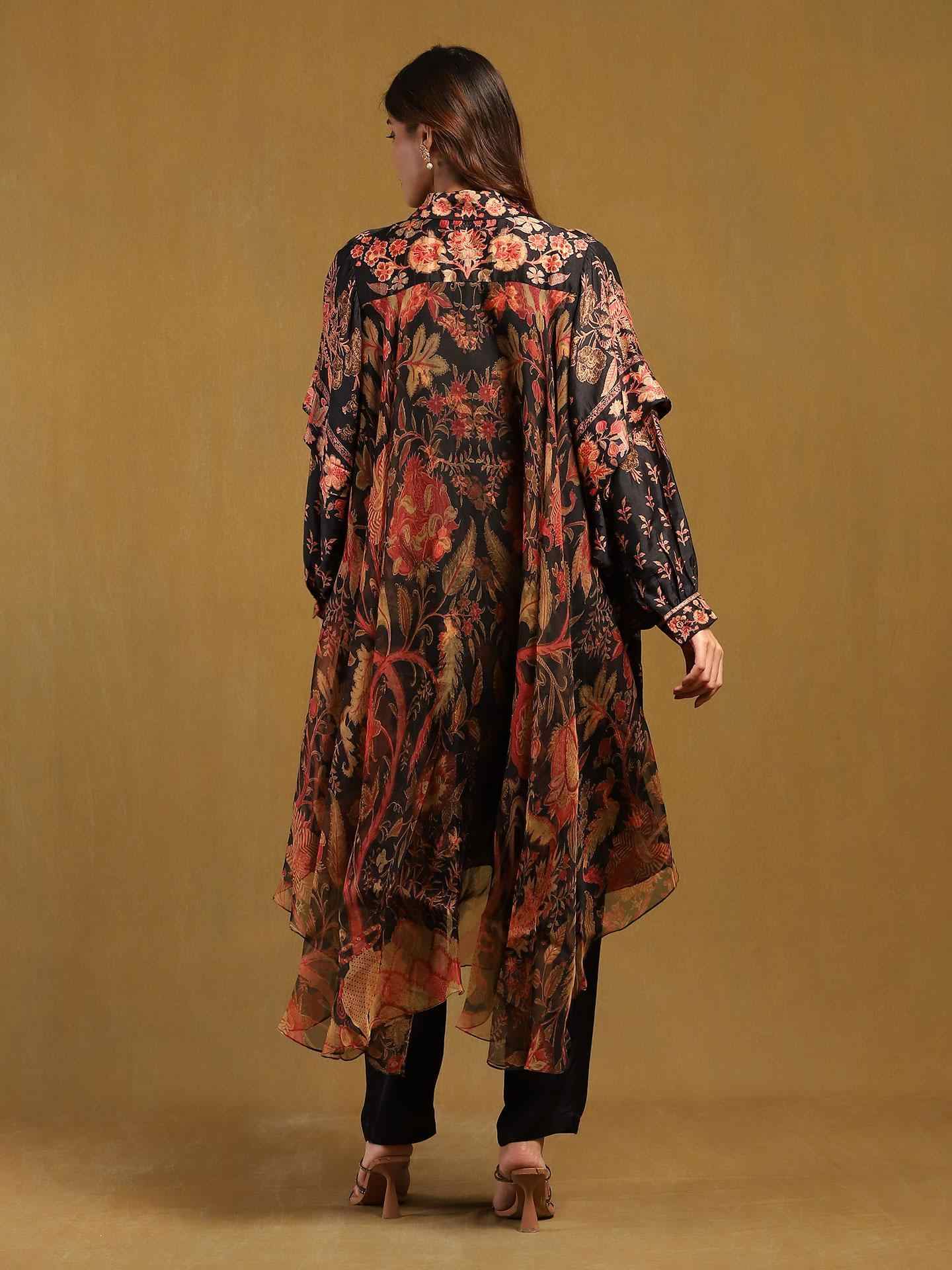 Black & Multi Tree Of Life Kurta