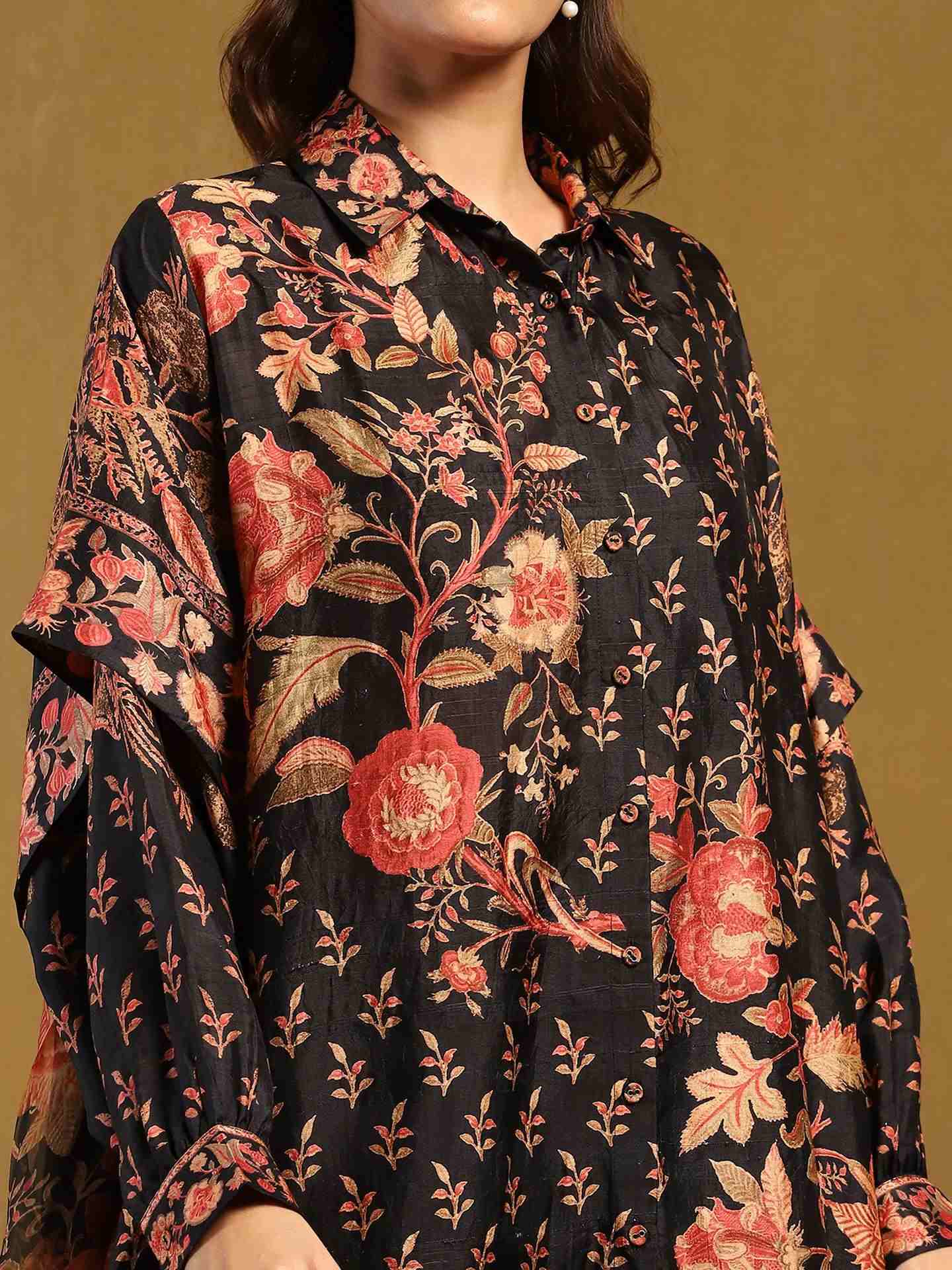 Black & Multi Tree Of Life Kurta