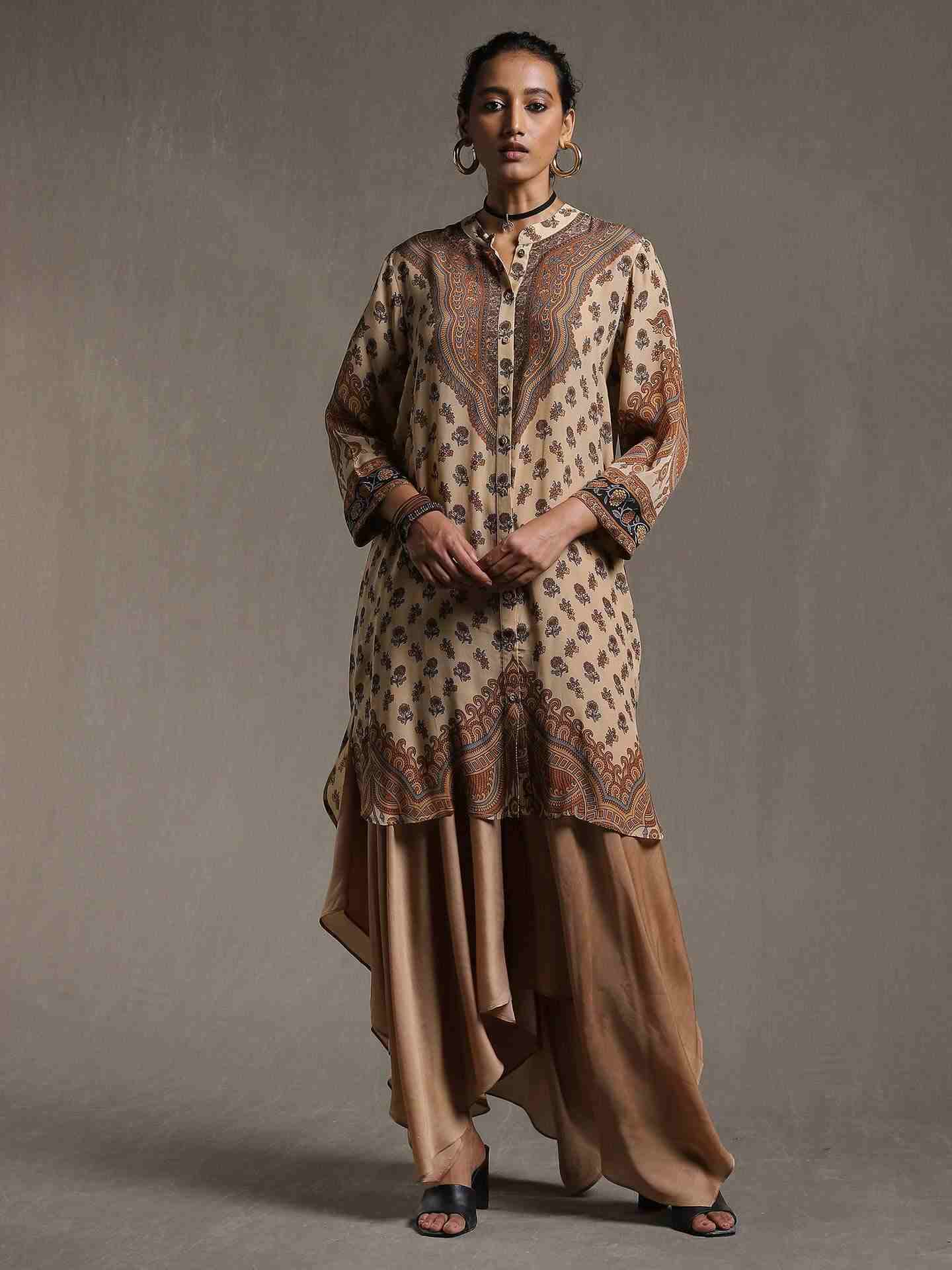 Beige & Brown Kailashan Crepe Kurti