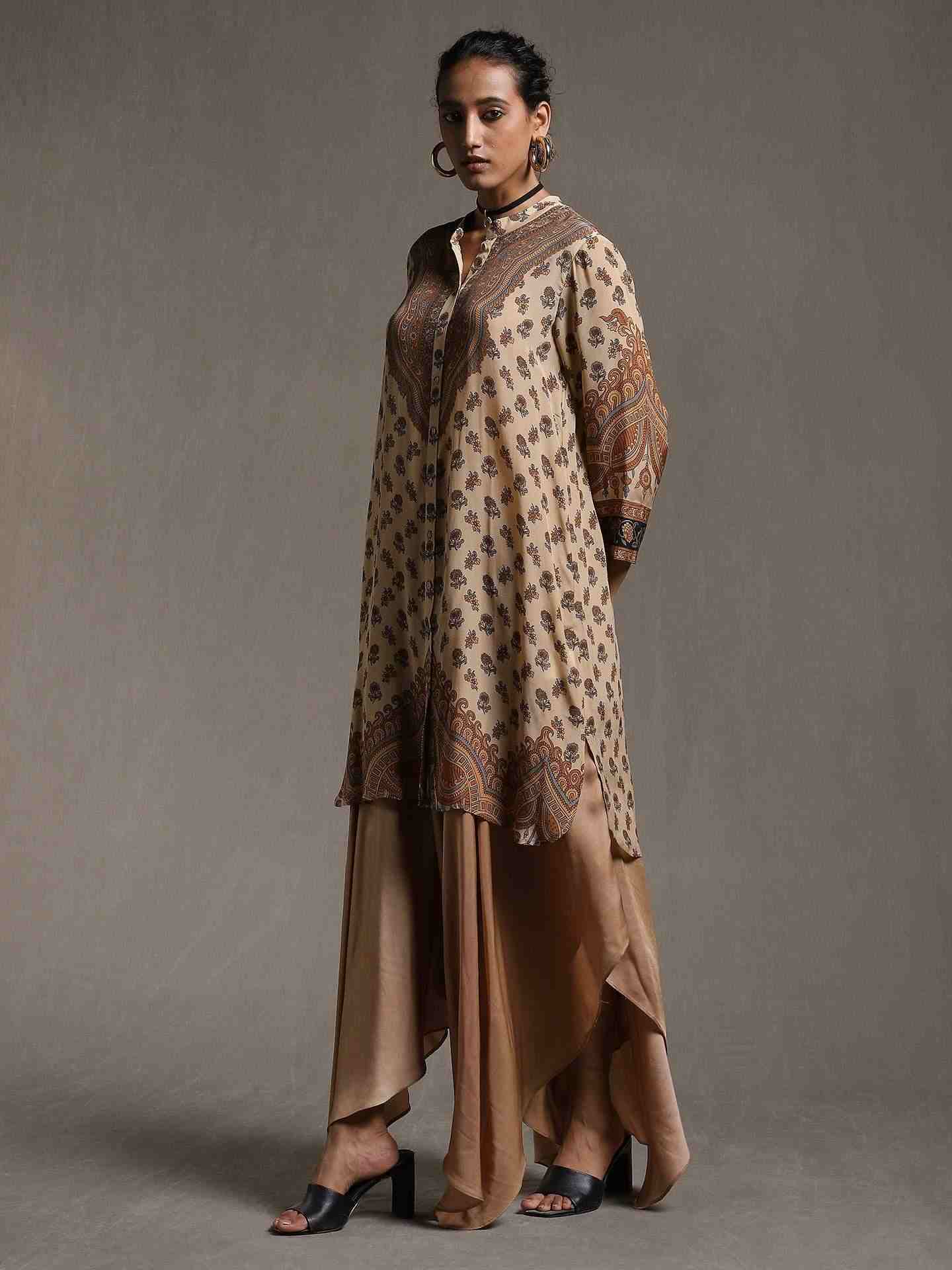 Beige & Brown Kailashan Crepe Kurti