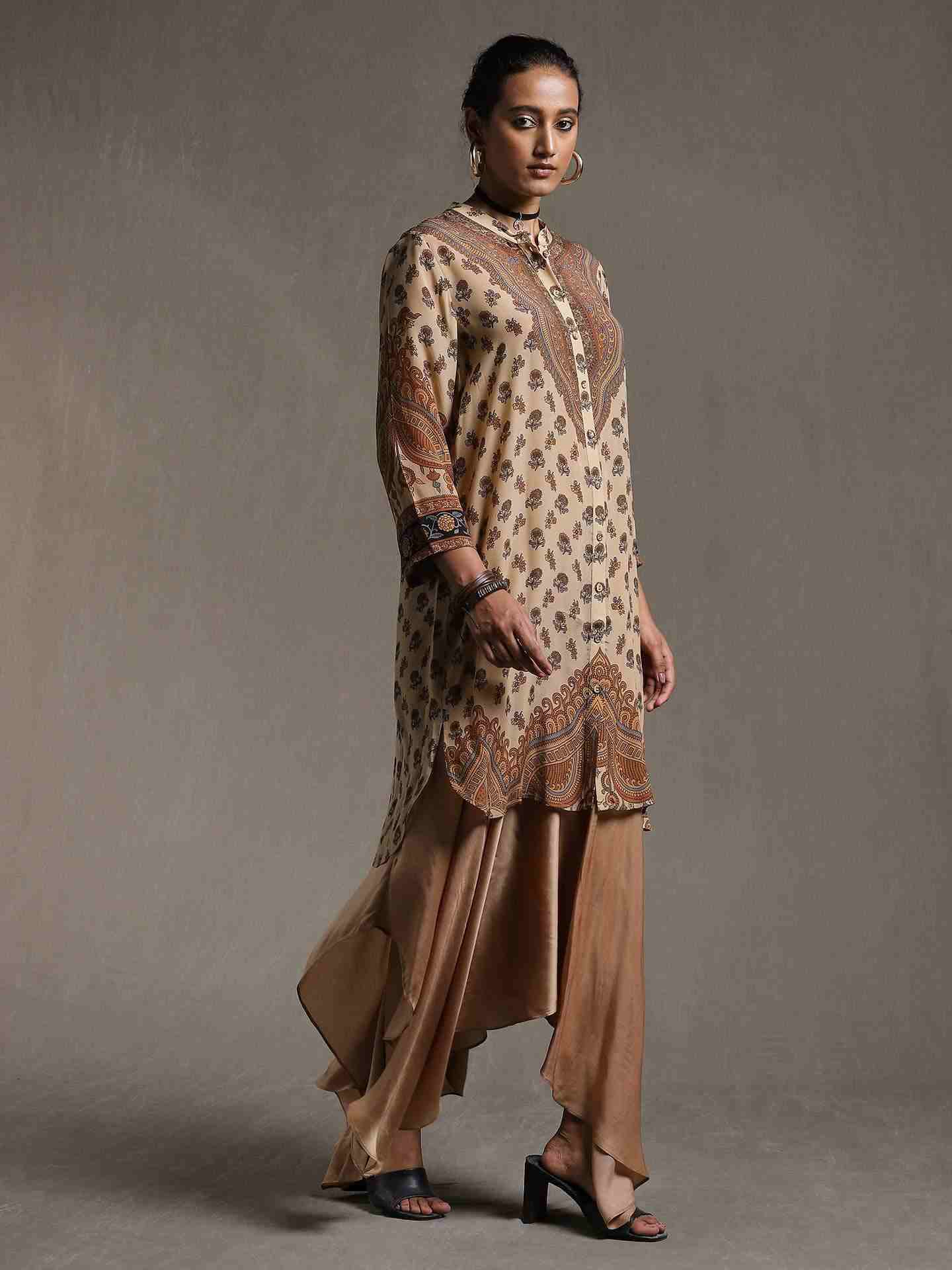 Beige & Brown Kailashan Crepe Kurti