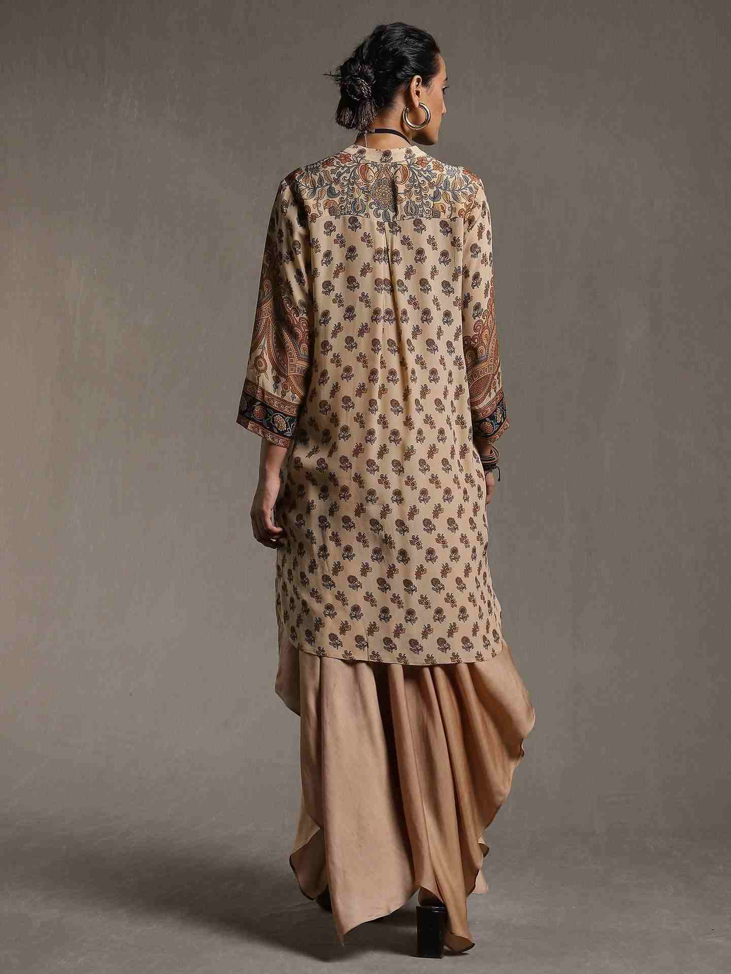 Beige & Brown Kailashan Crepe Kurti