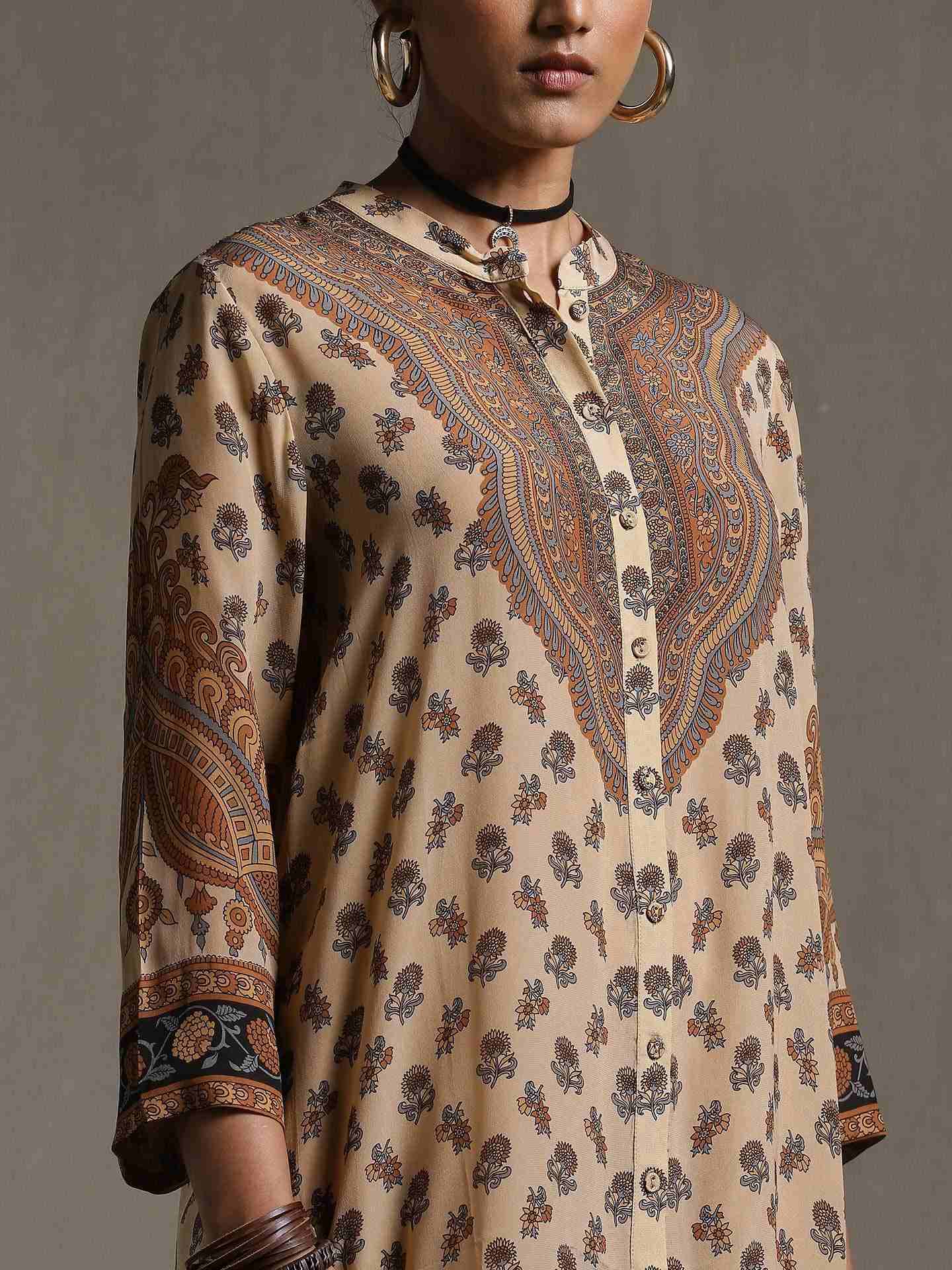 Beige & Brown Kailashan Crepe Kurti