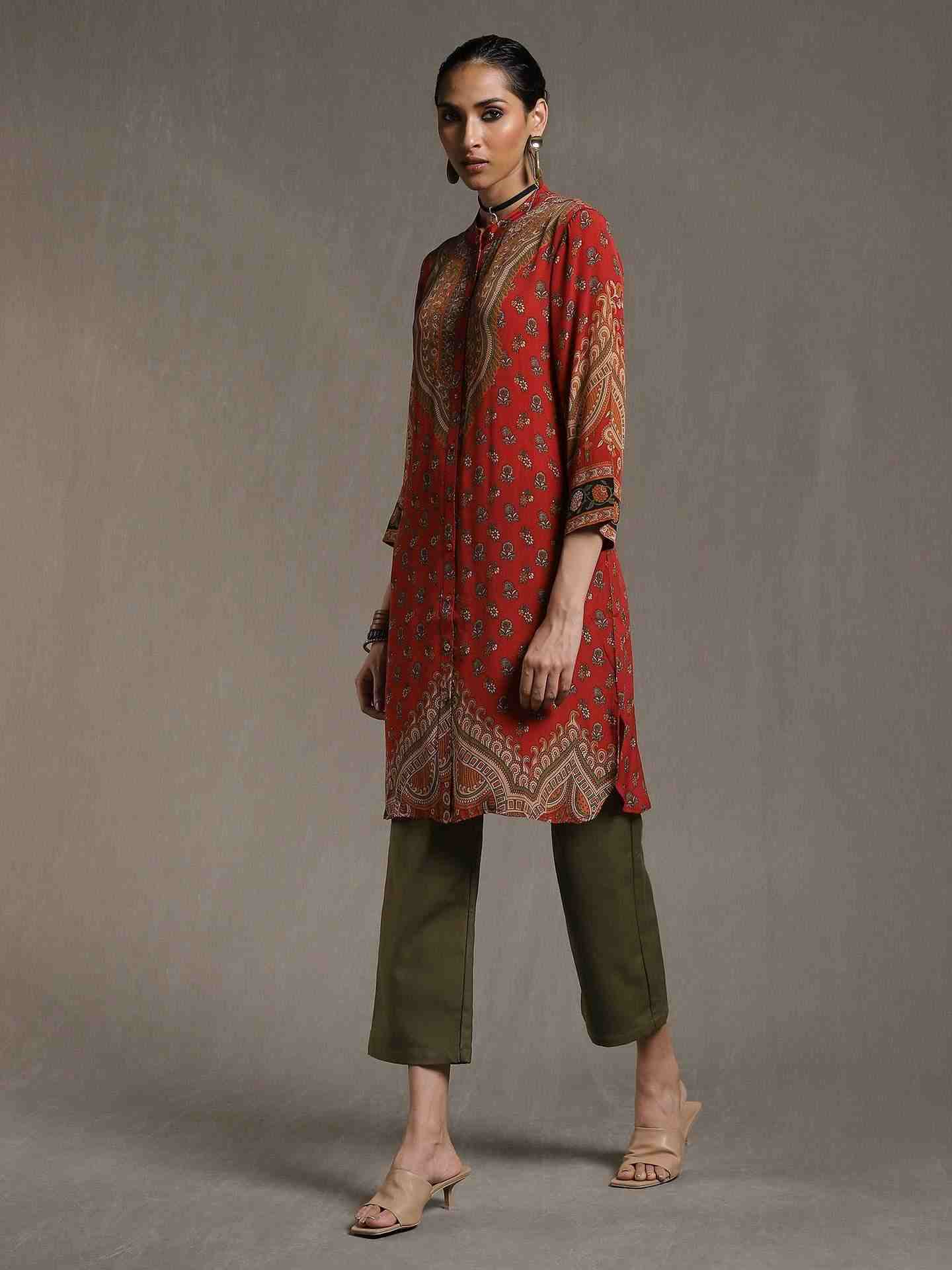 Red & Beige Kailashan Crepe Kurti