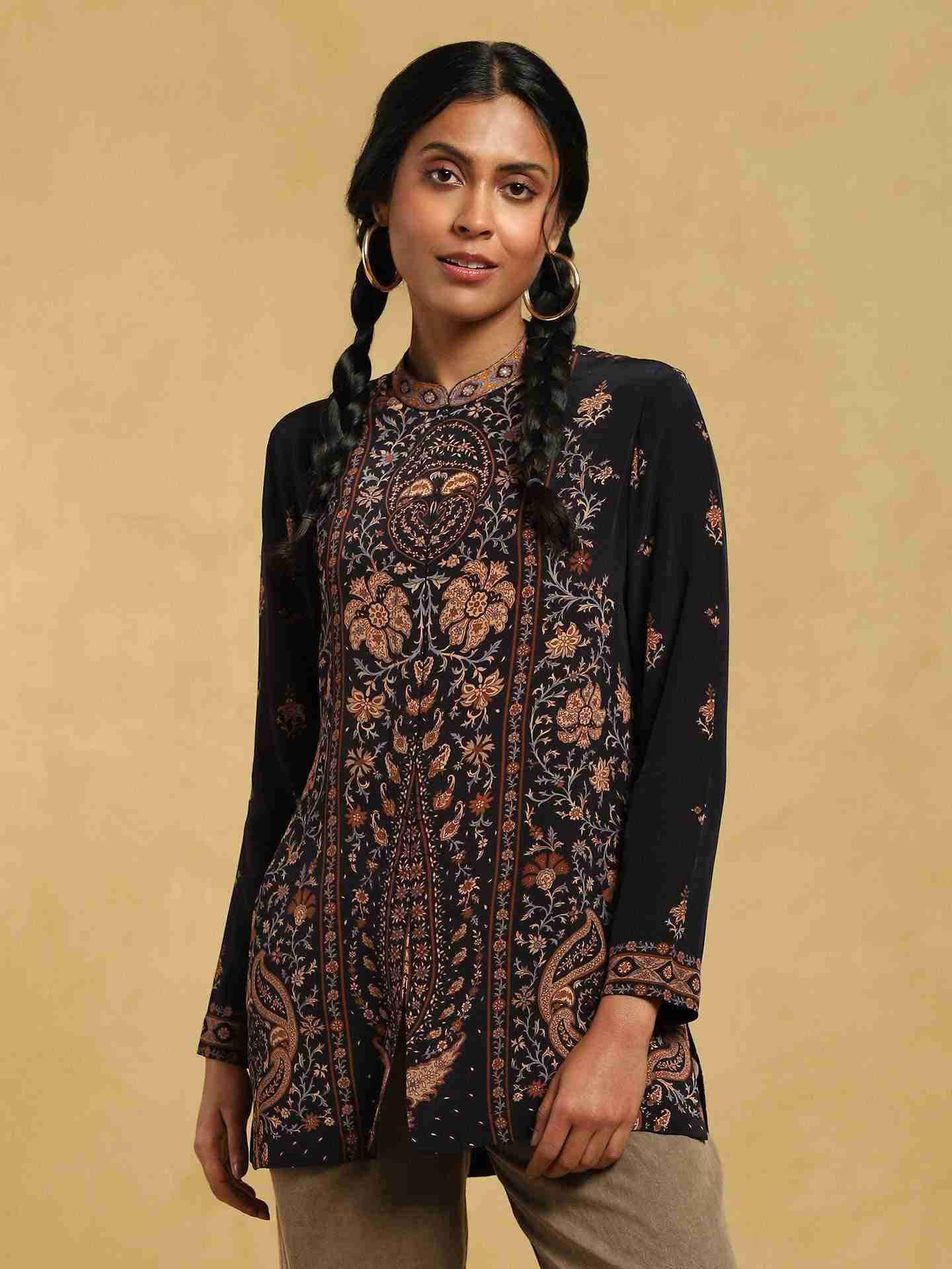 Black & Beige Kalam Jamawar Crepe Kurti
