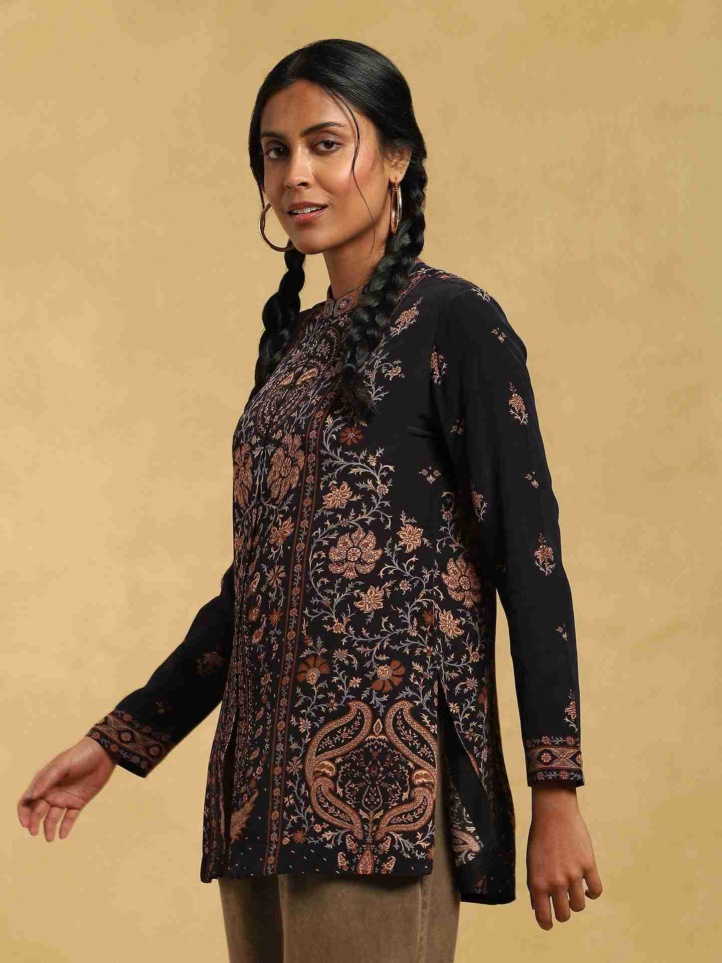 Black & Beige Kalam Jamawar Crepe Kurti