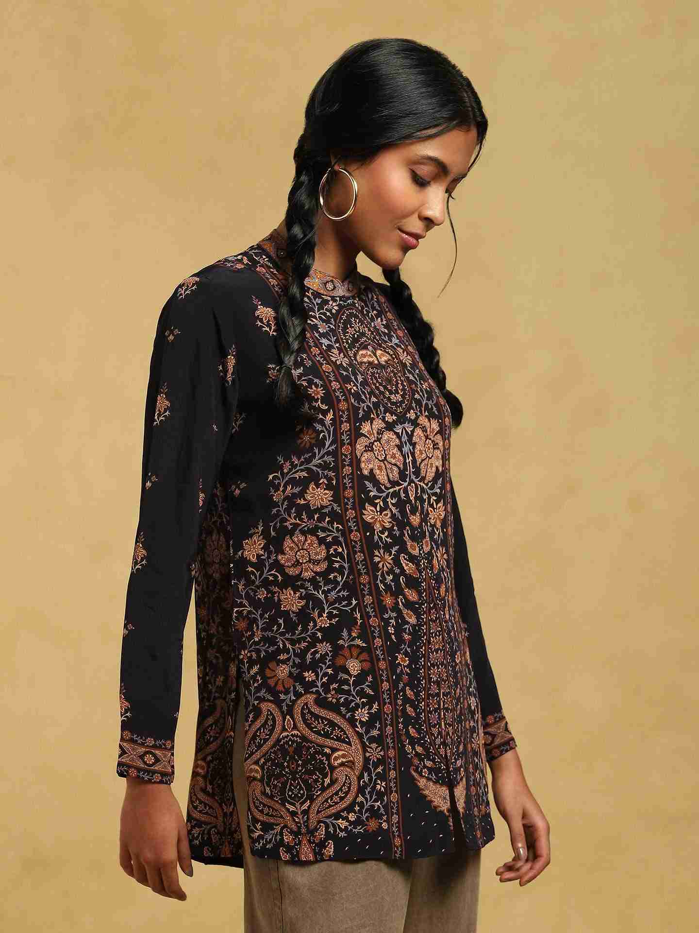 Black & Beige Kalam Jamawar Crepe Kurti