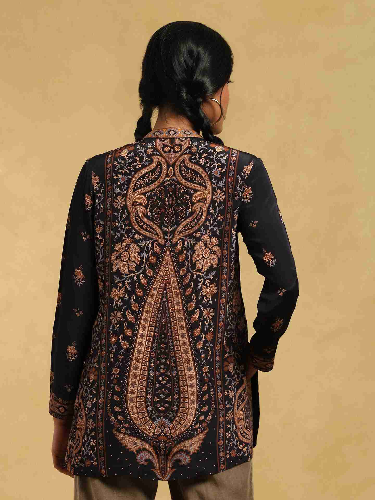 Black & Beige Kalam Jamawar Crepe Kurti