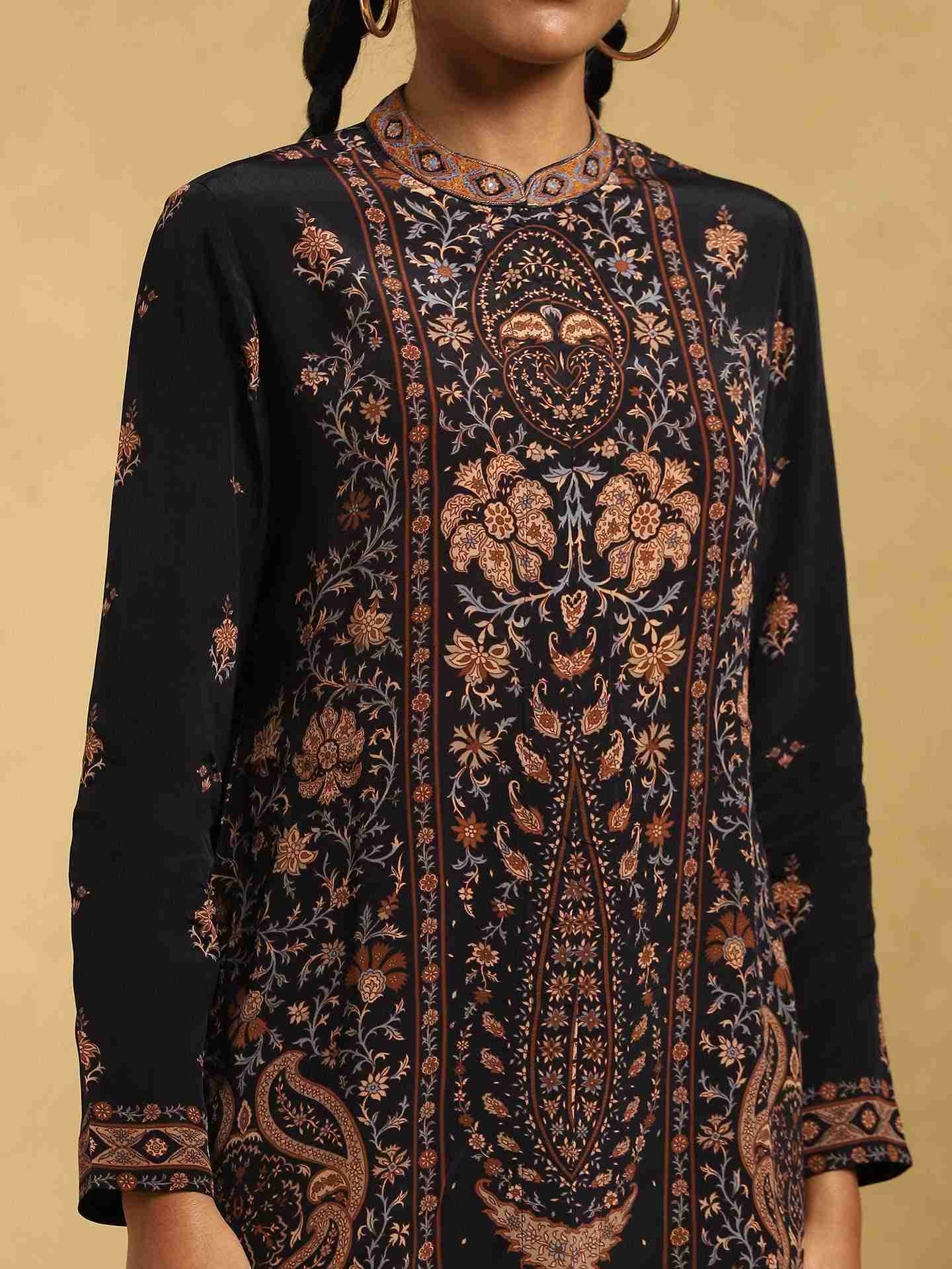 Black & Beige Kalam Jamawar Crepe Kurti