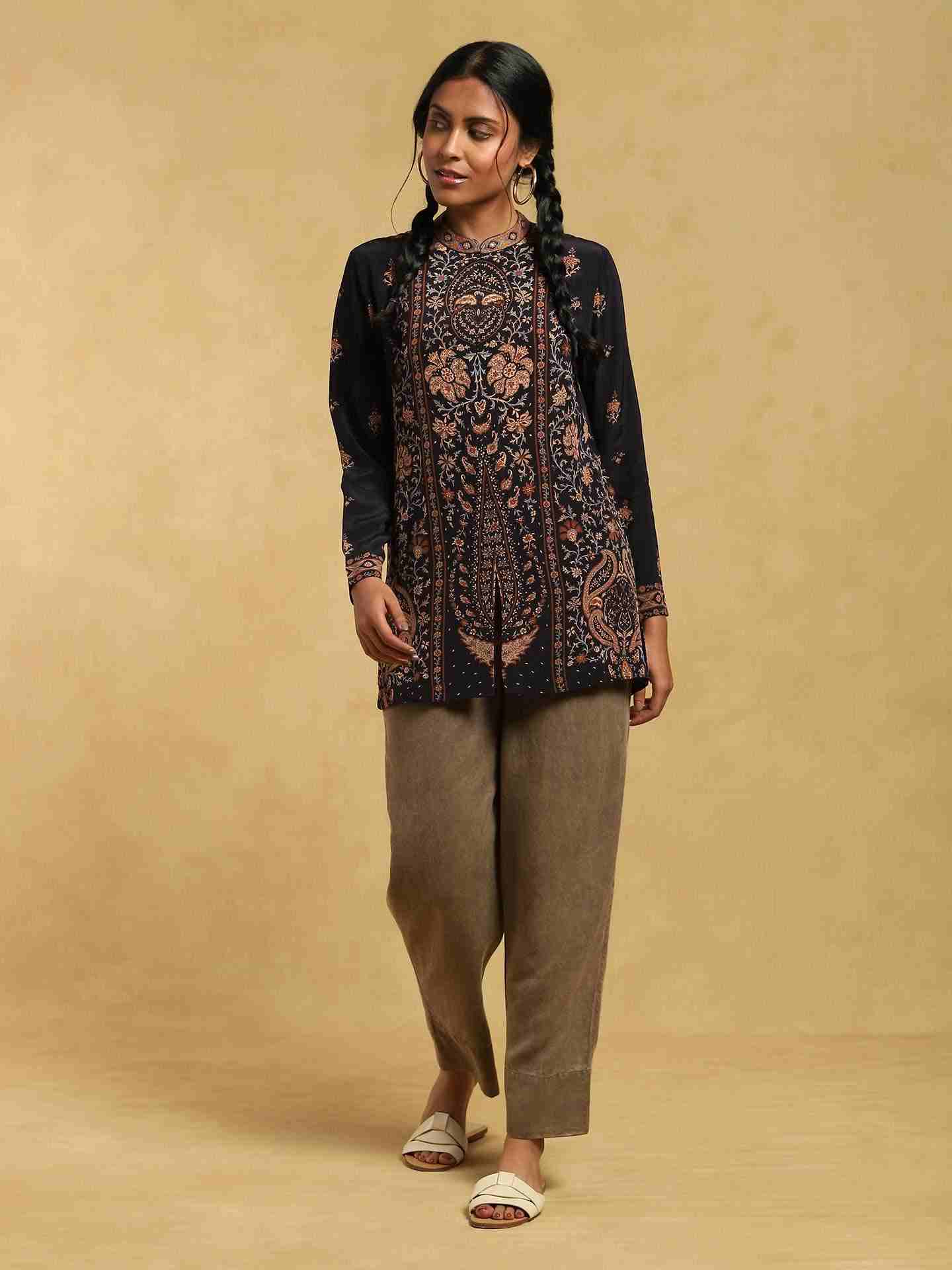 Black & Beige Kalam Jamawar Crepe Kurti