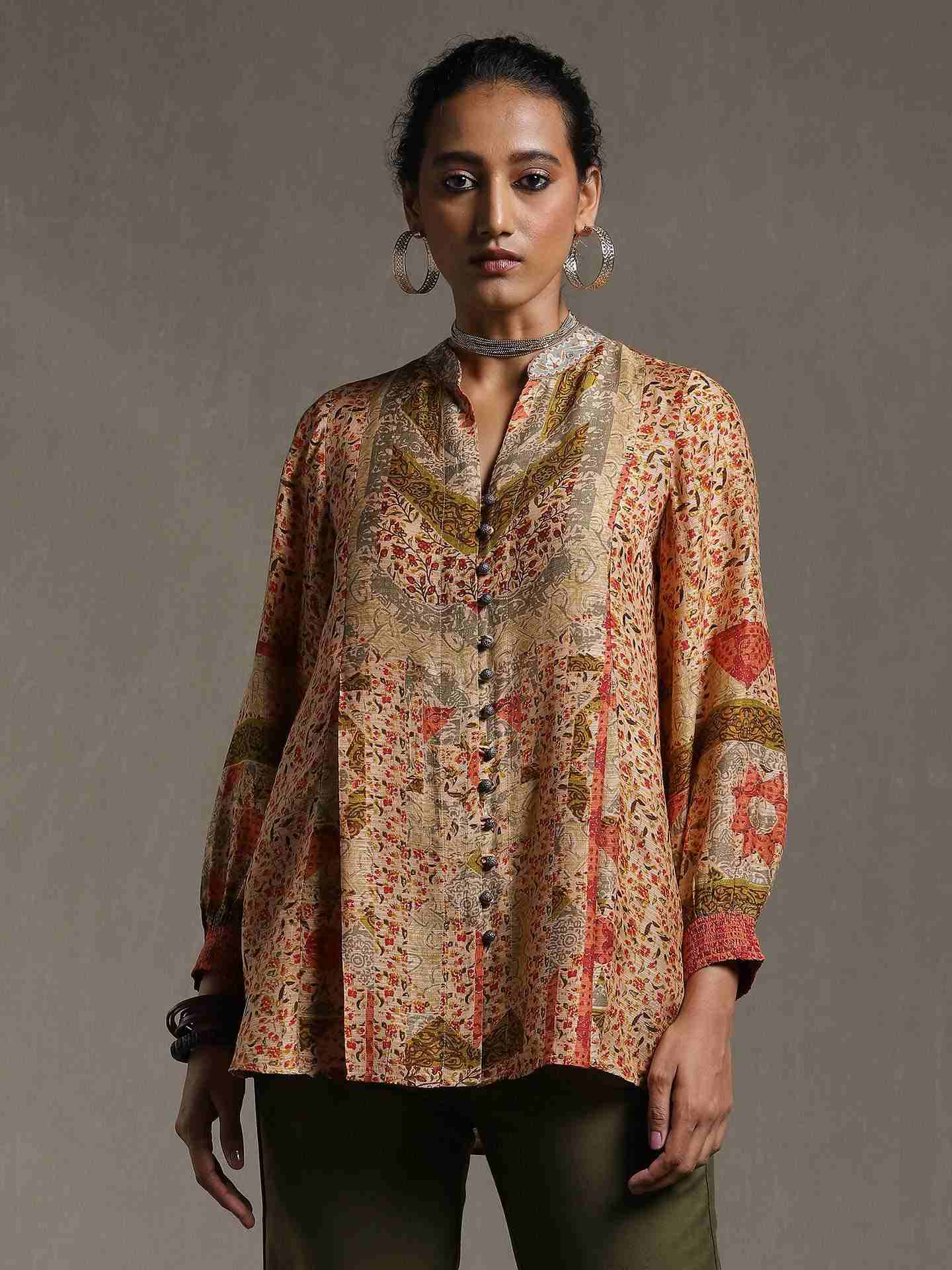 Beige Block Patch Kurti