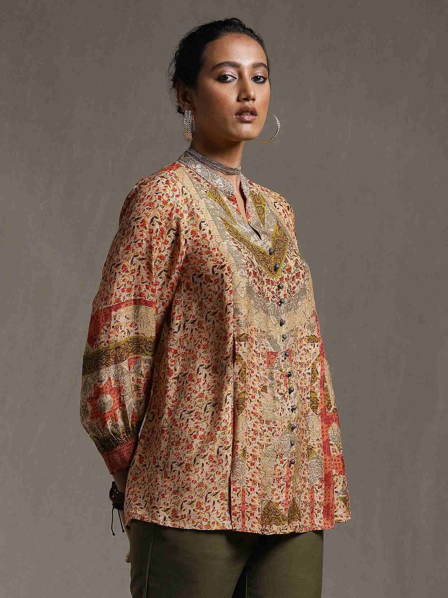 Beige Block Patch Kurti