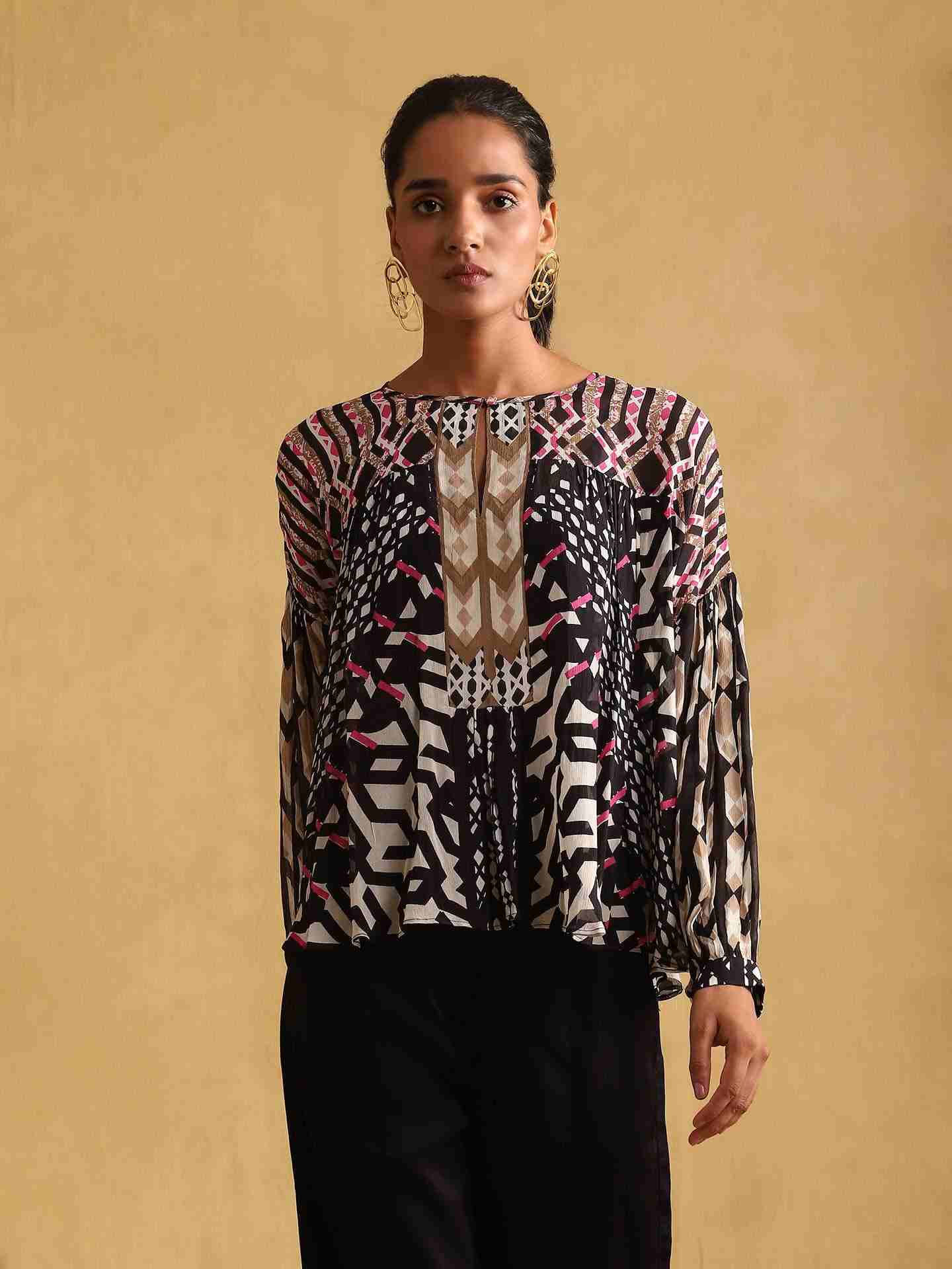 Black Pop Art Peasant Top