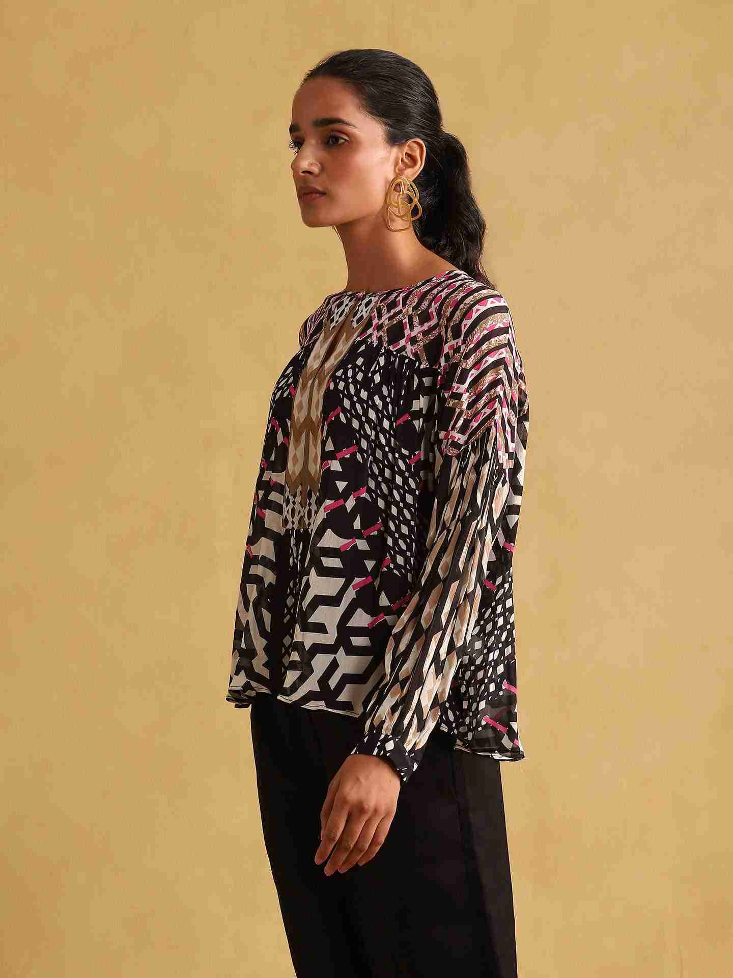 Black Pop Art Peasant Top