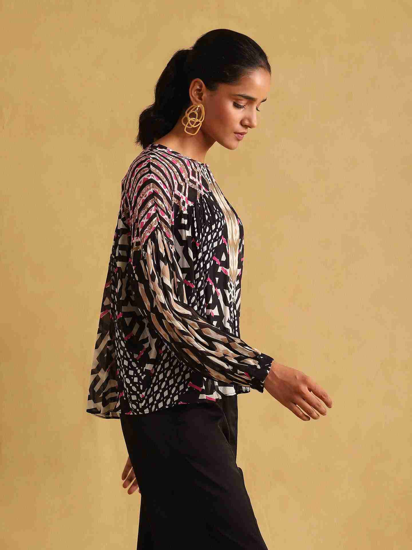 Black Pop Art Peasant Top