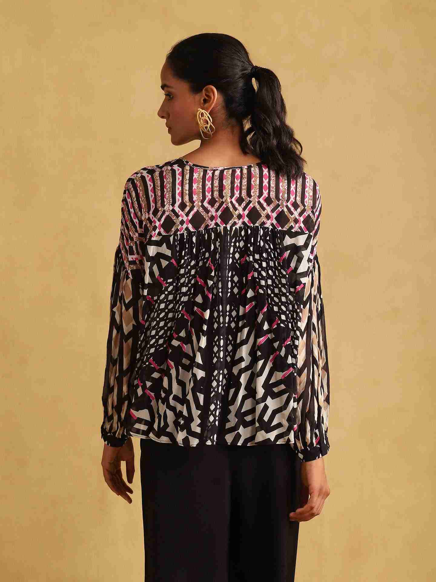 Black Pop Art Peasant Top