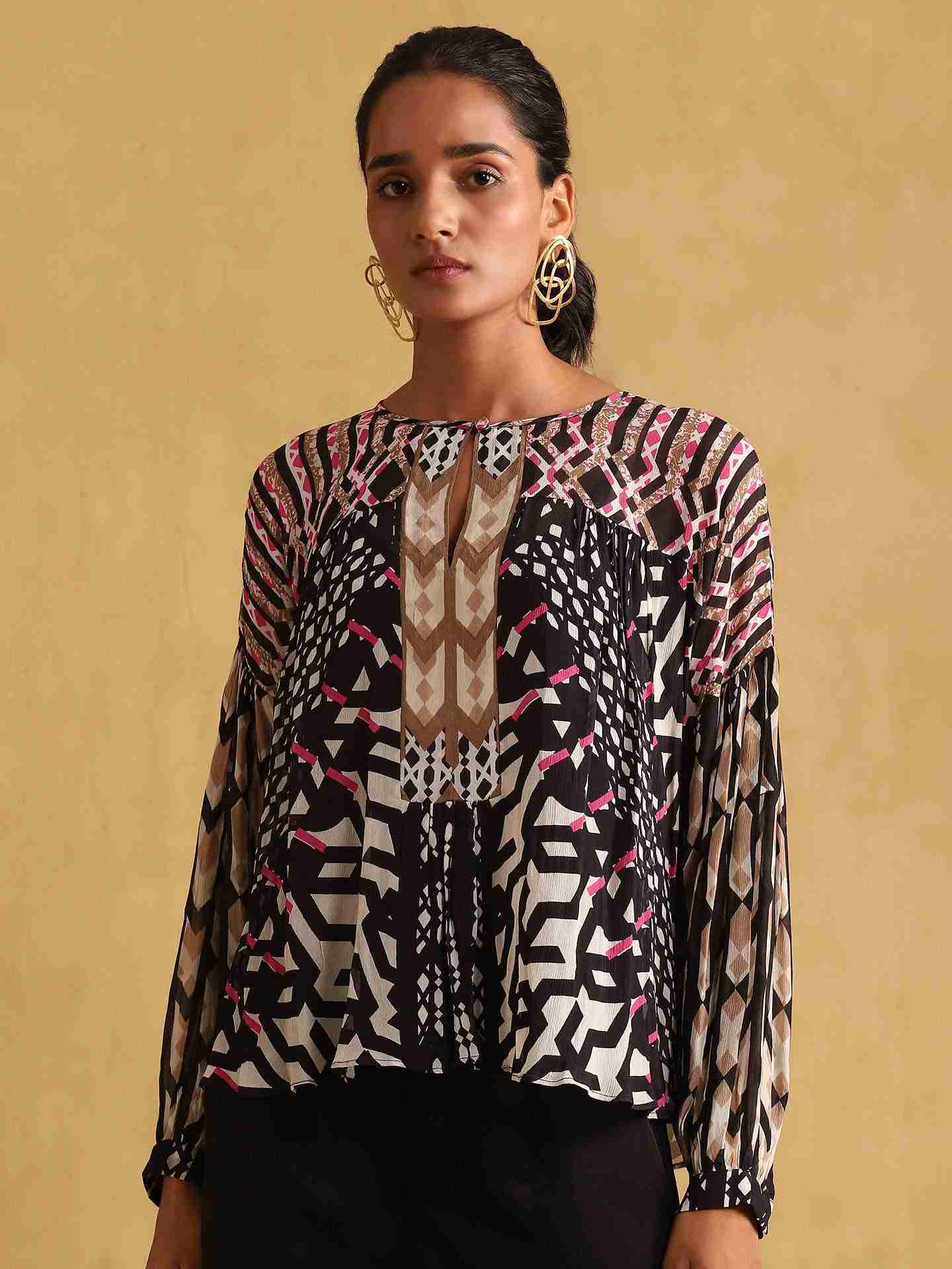 Black Pop Art Peasant Top