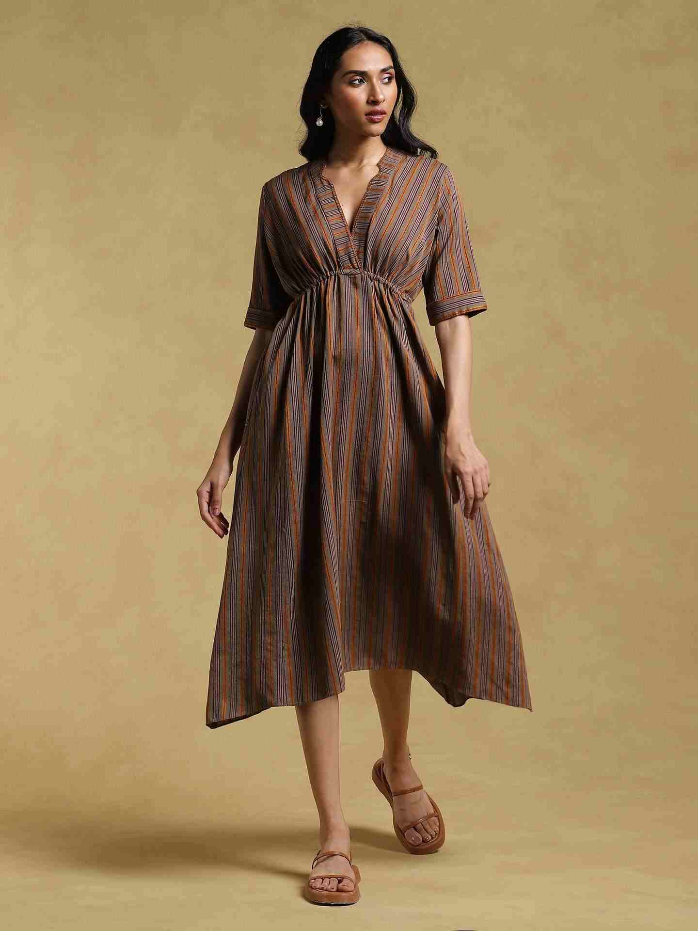 Brown Ethereal Yarn-Dyed Cotton Dress