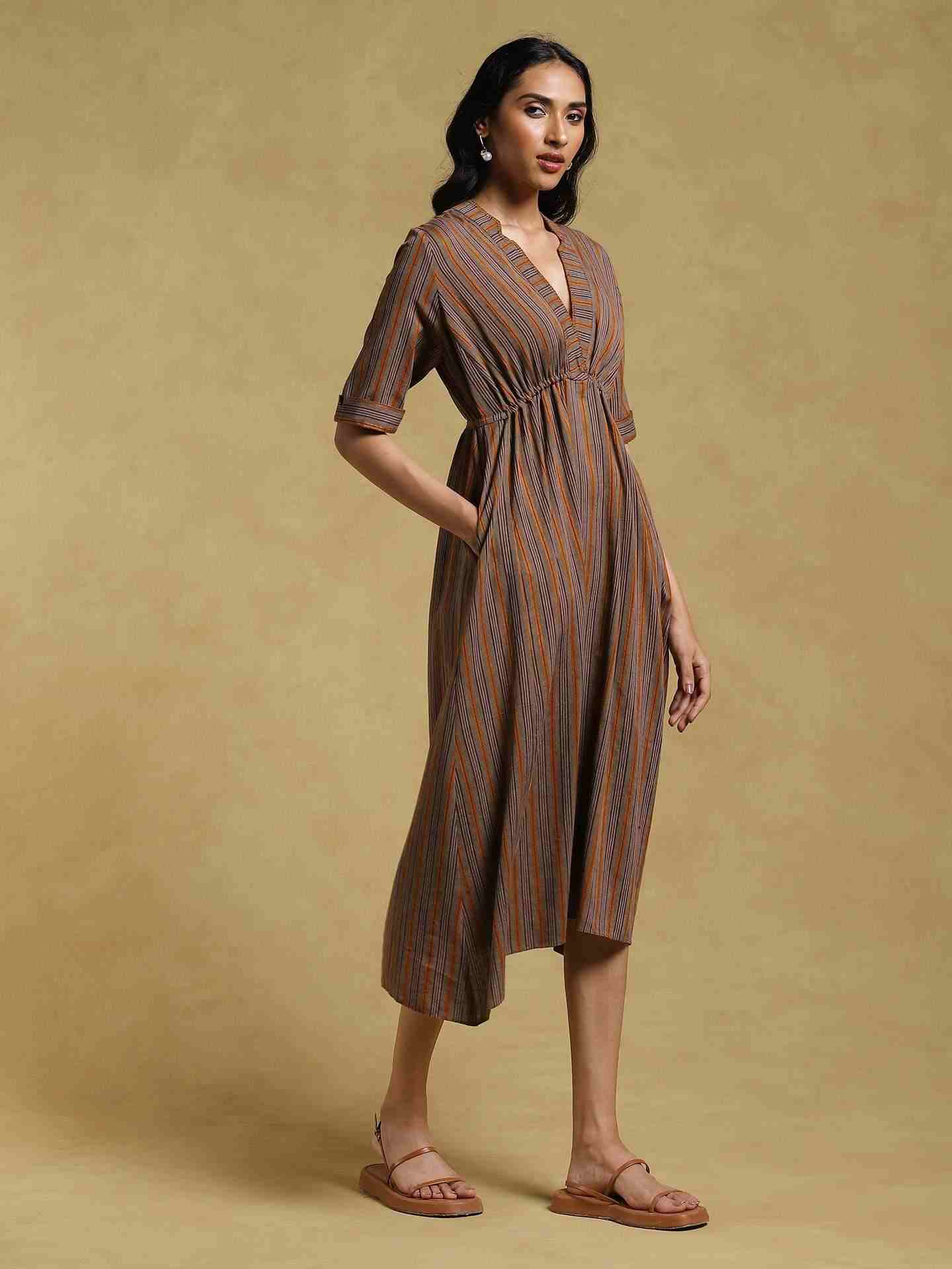 Brown Ethereal Yarn-Dyed Cotton Dress