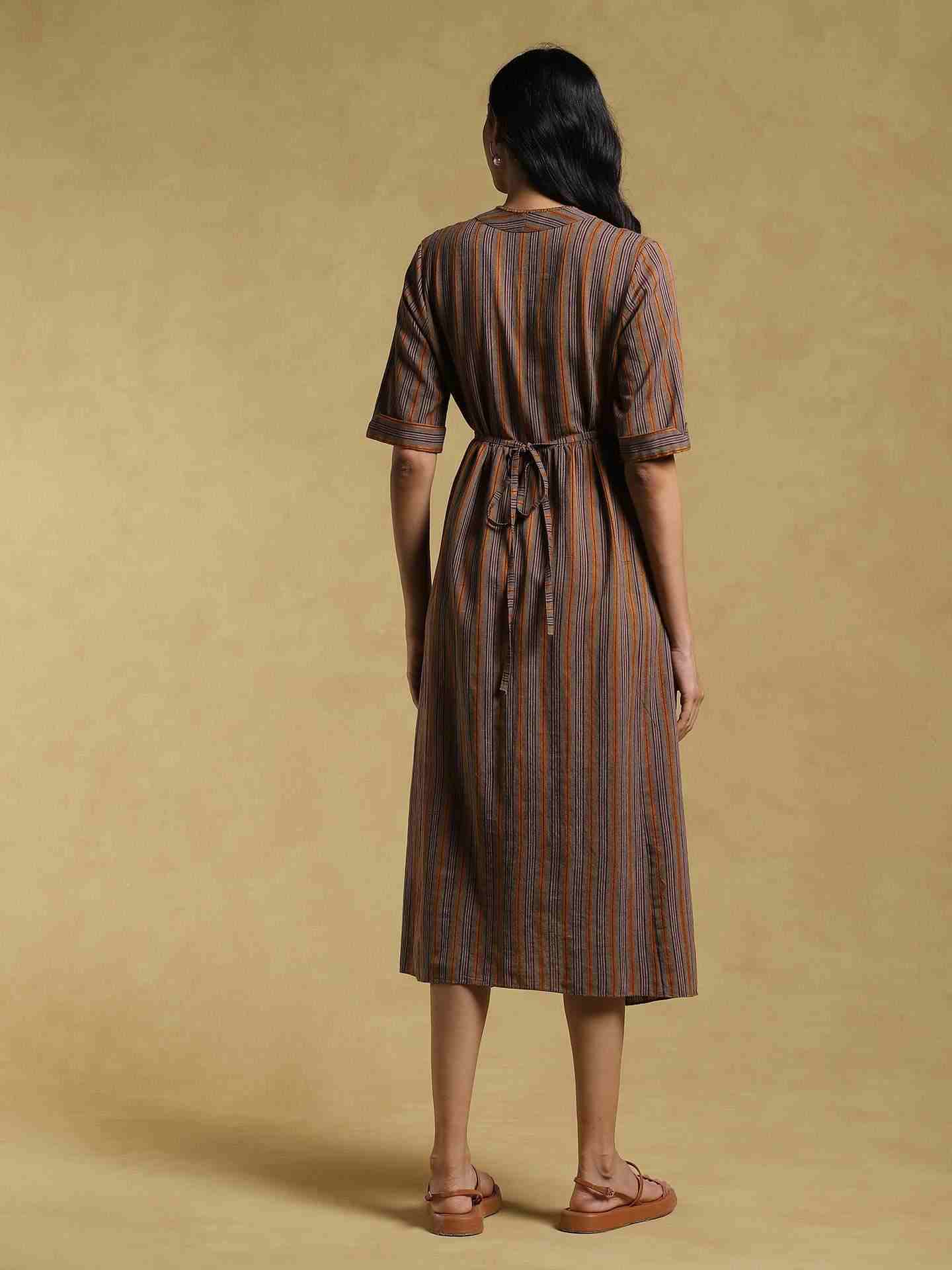 Brown Ethereal Yarn-Dyed Cotton Dress
