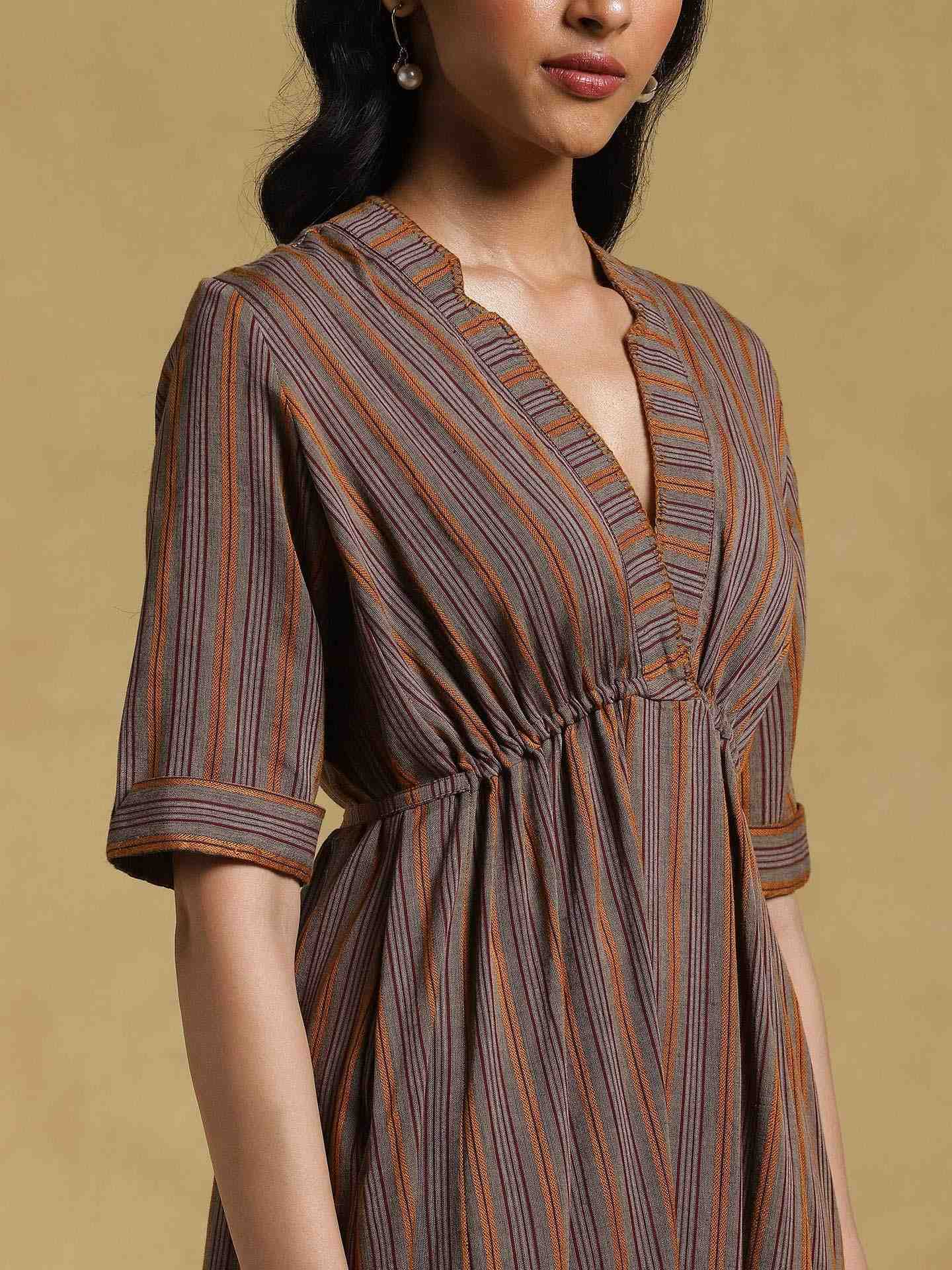 Brown Ethereal Yarn-Dyed Cotton Dress