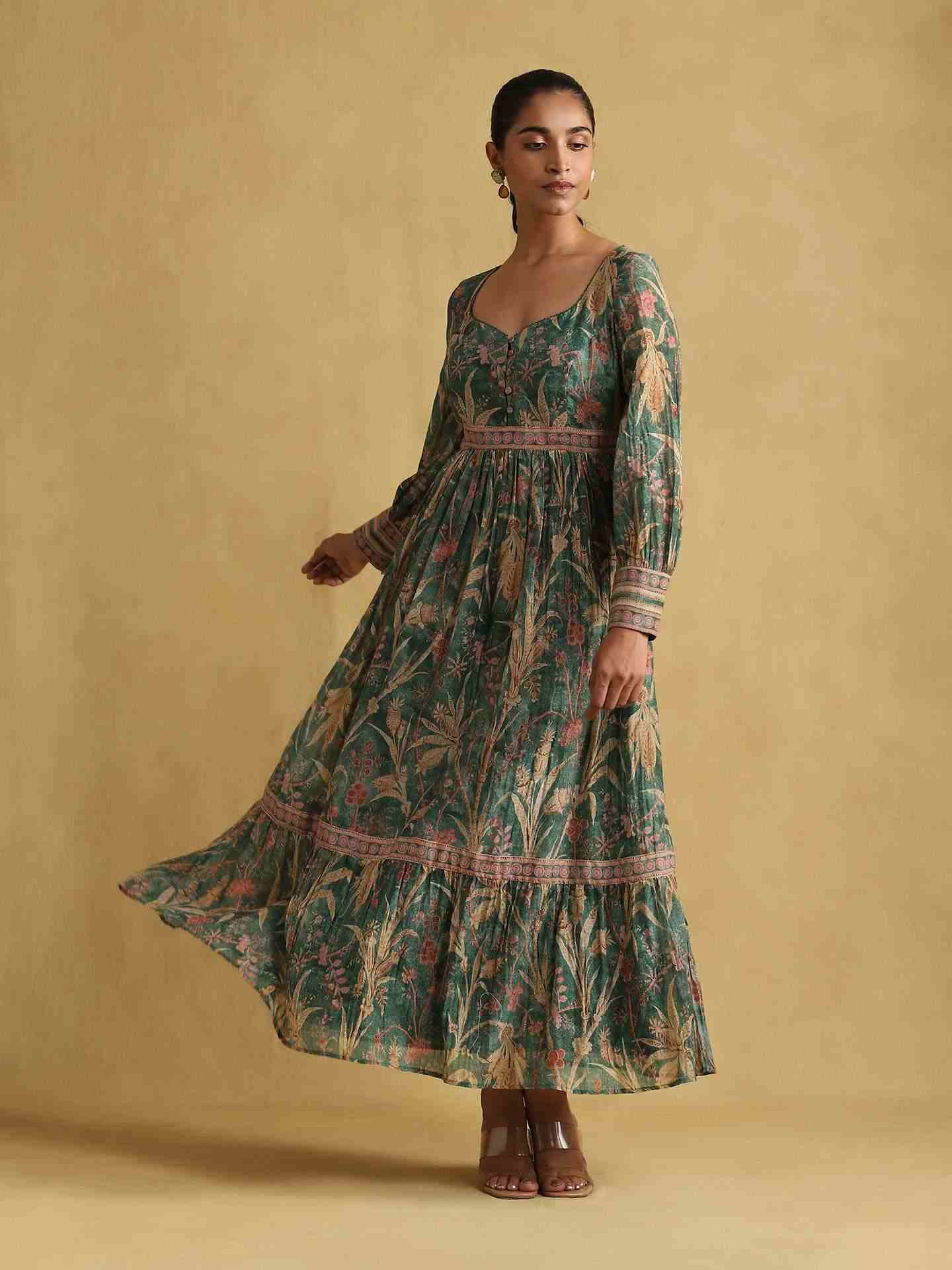 Green Julia Chanderi Tiered Dress