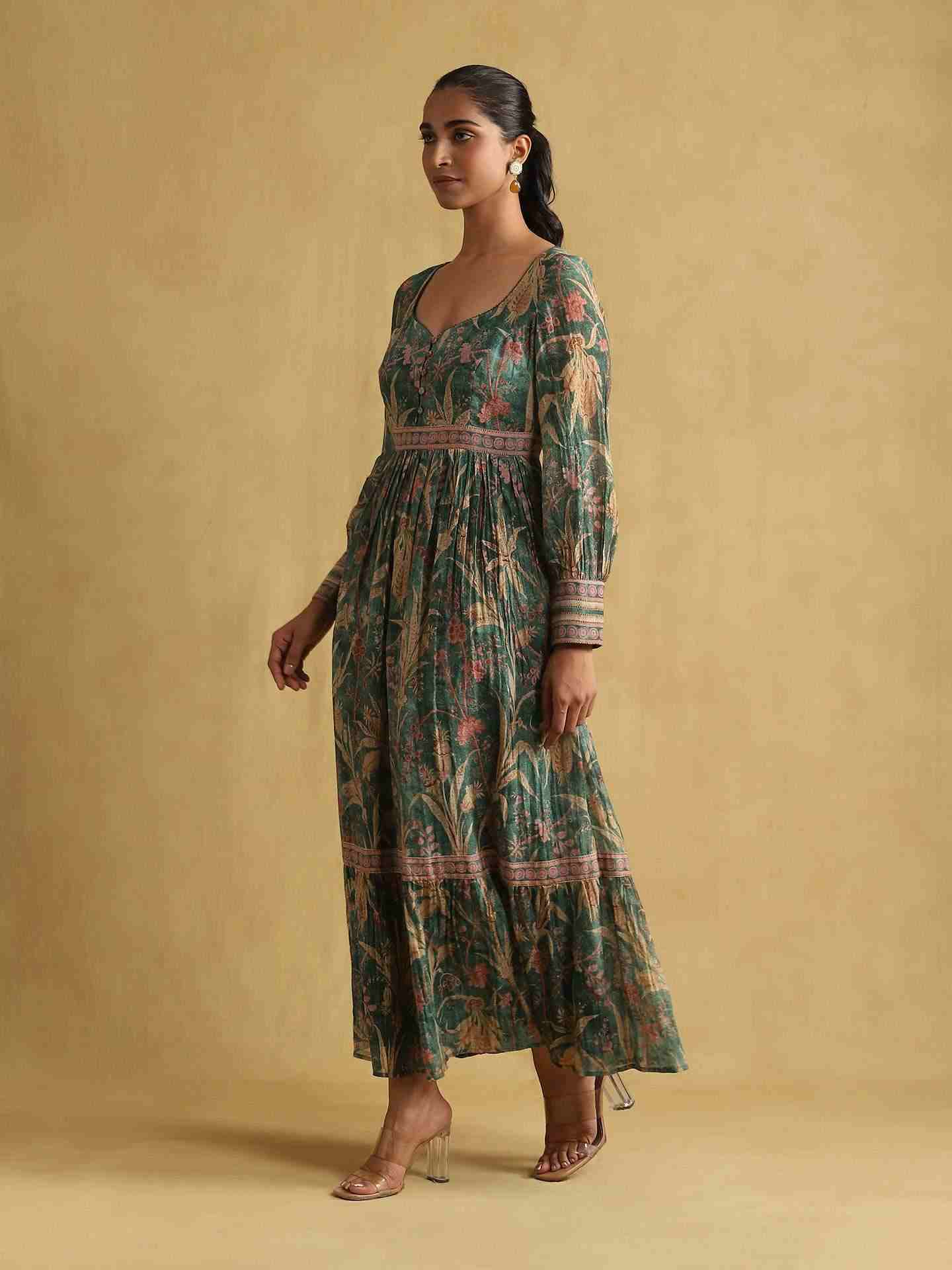 Green Julia Chanderi Tiered Dress