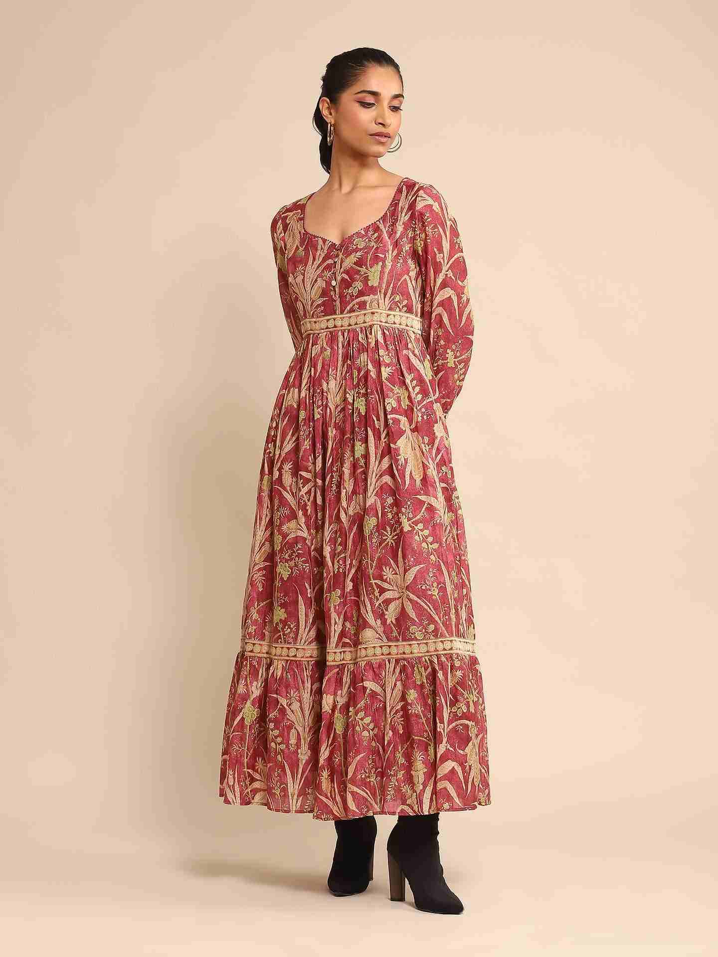 Wine Julia Chanderi Tiered Dress