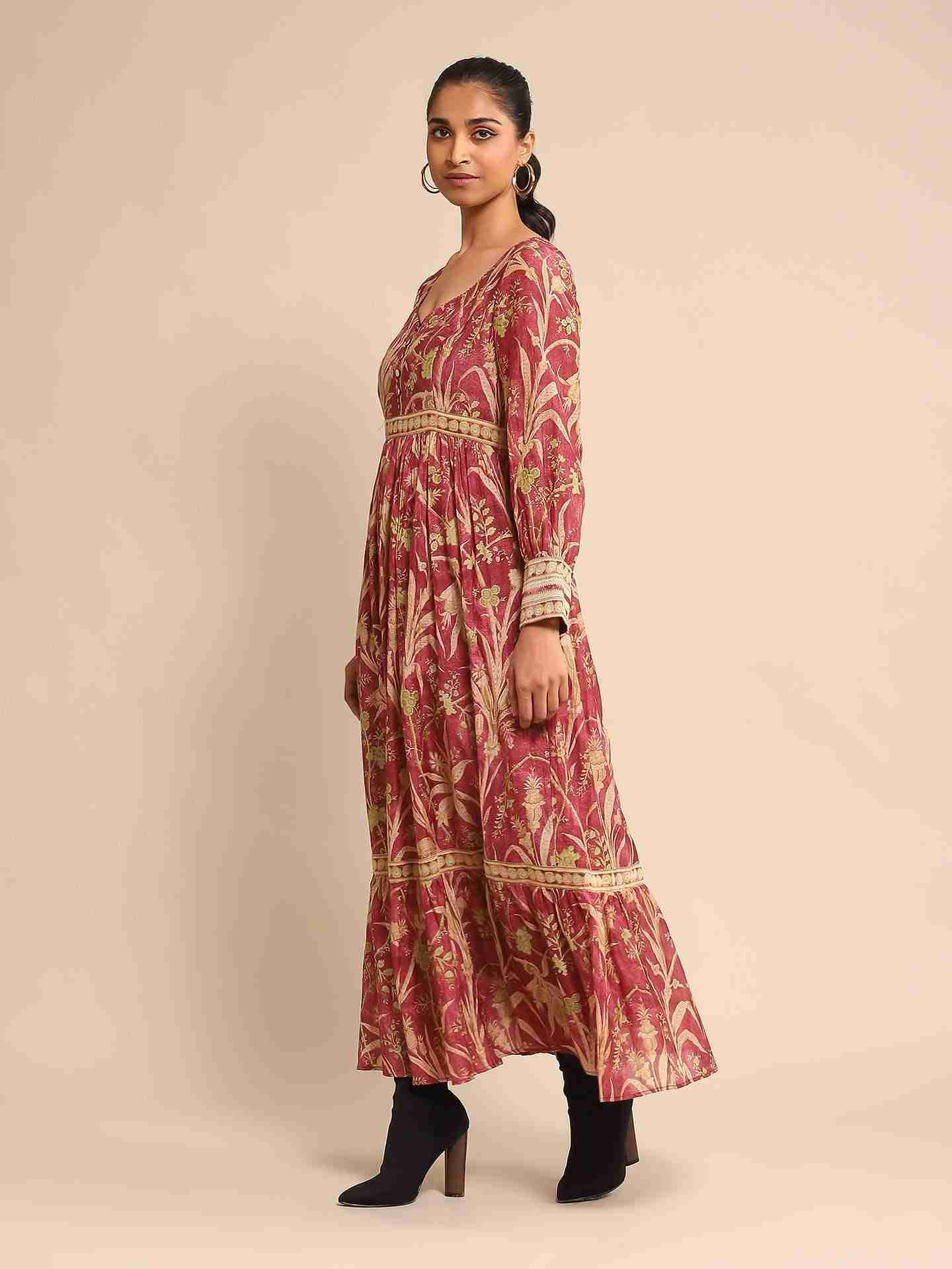 Wine Julia Chanderi Tiered Dress