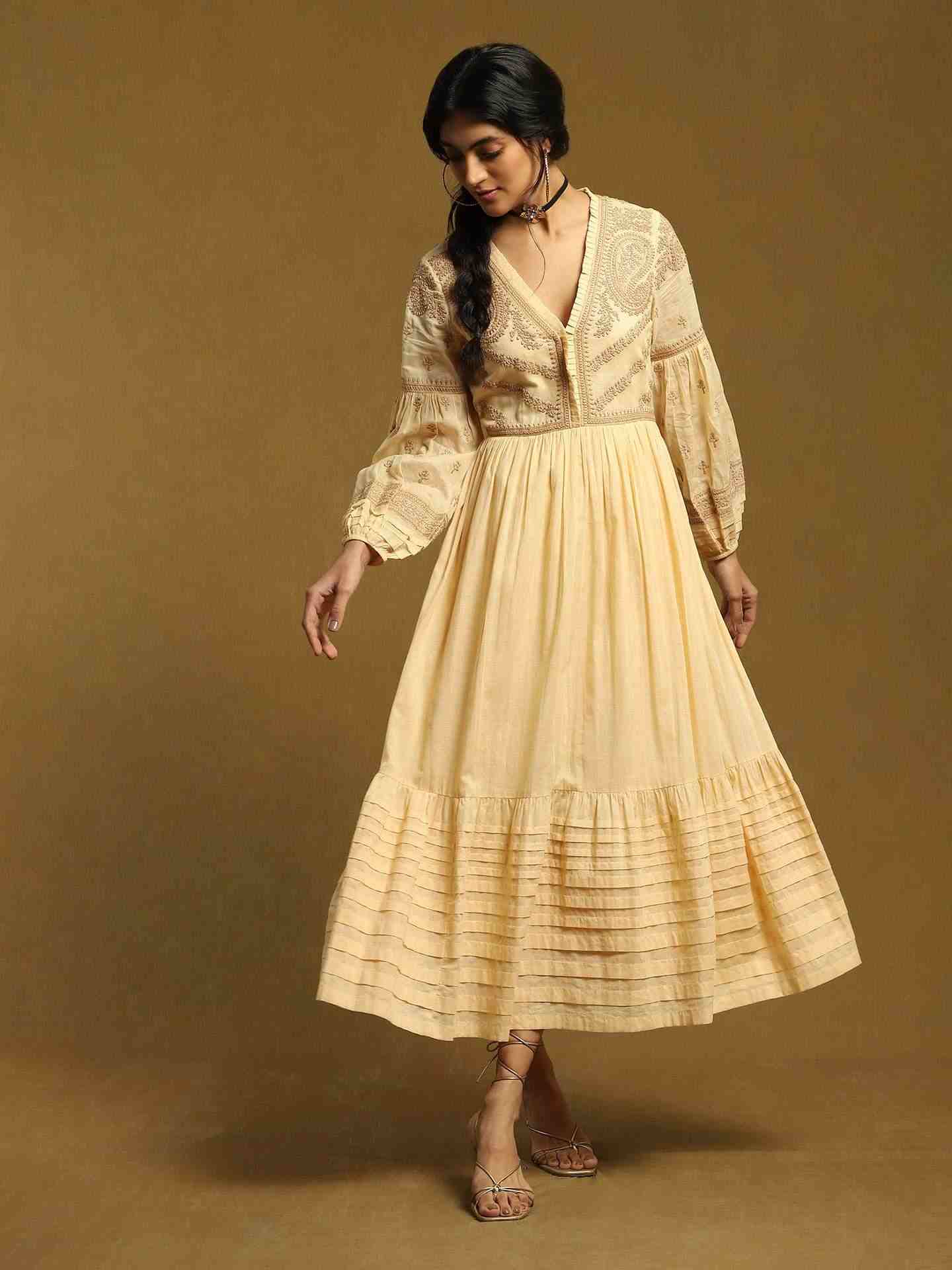 Beige Pinea Cotton Midi Dress