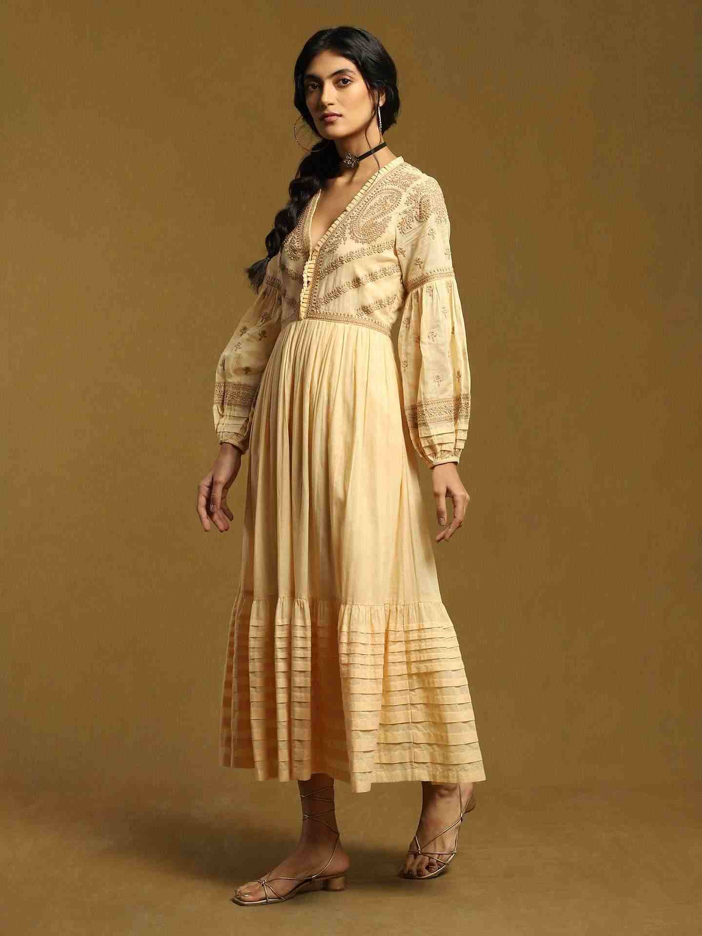 Beige Pinea Cotton Midi Dress