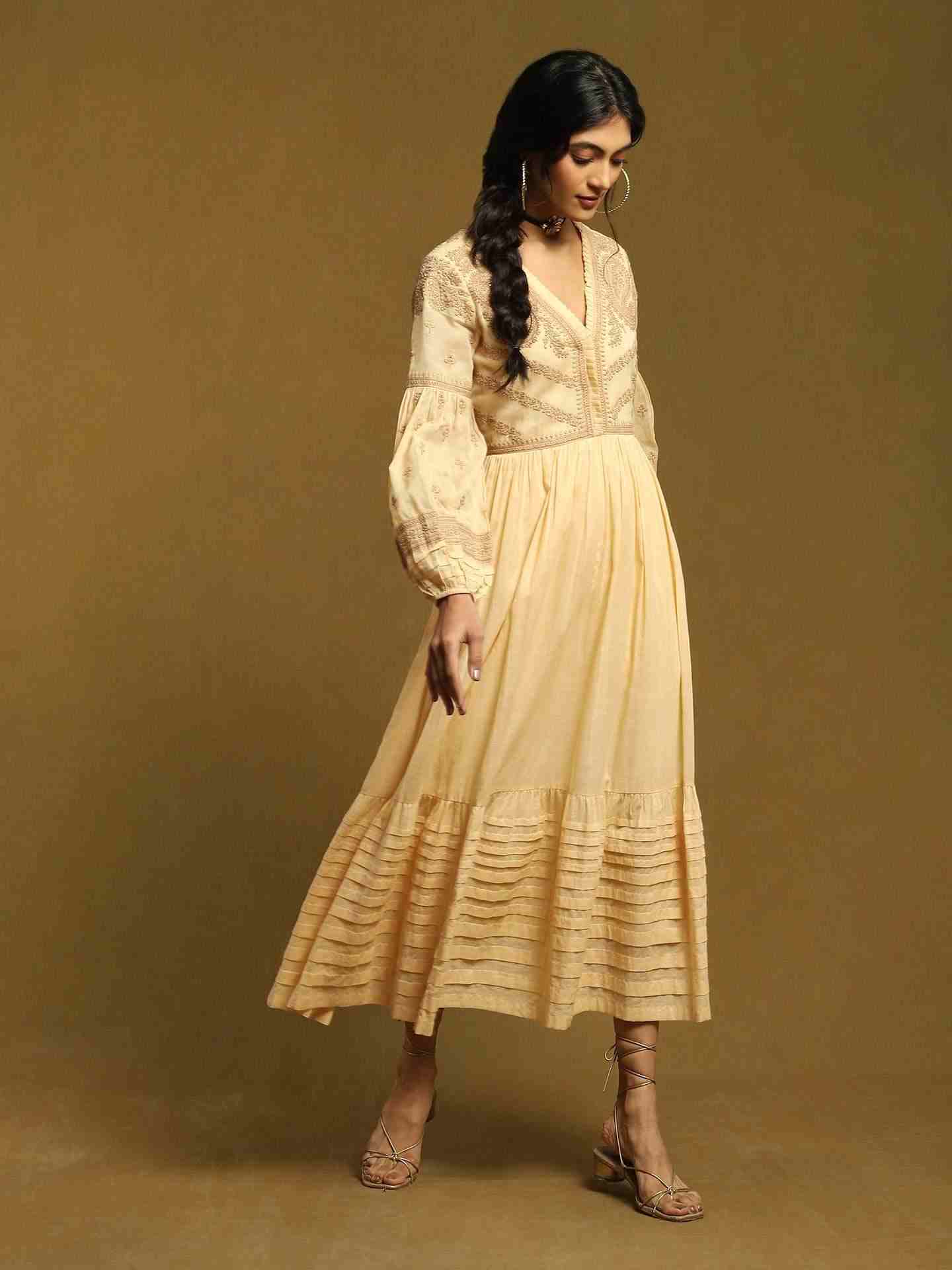 Beige Pinea Cotton Midi Dress