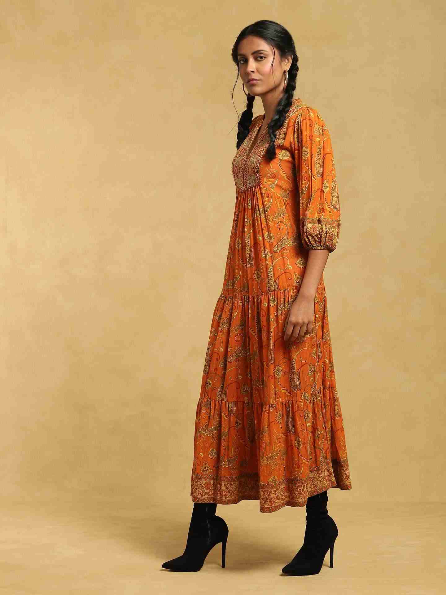 Rust Mysore Cotton Tiered Dress