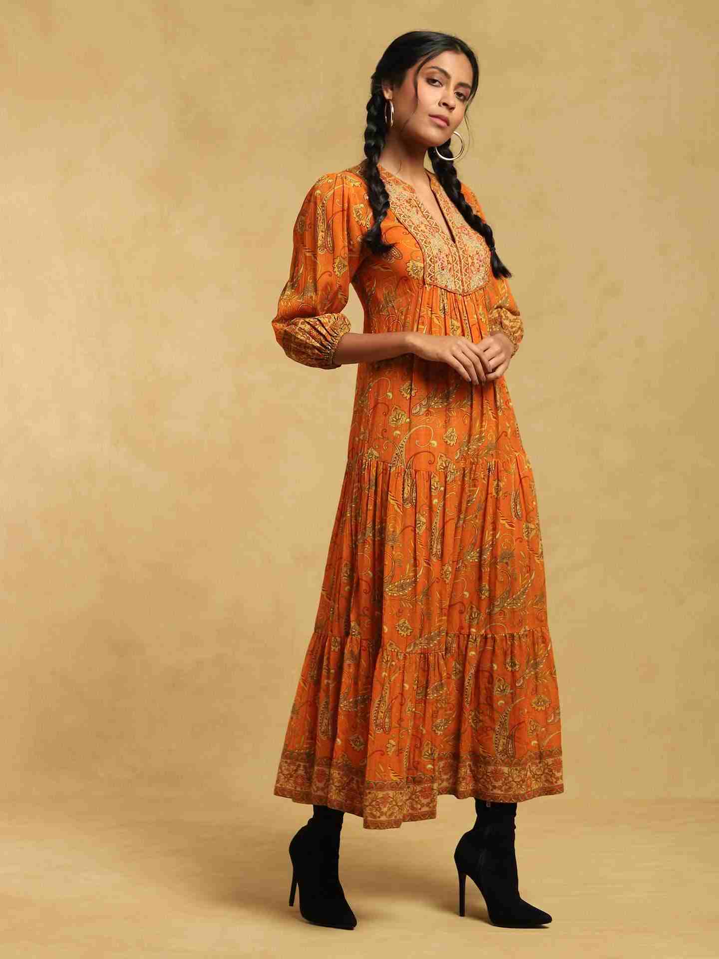 Rust Mysore Cotton Tiered Dress