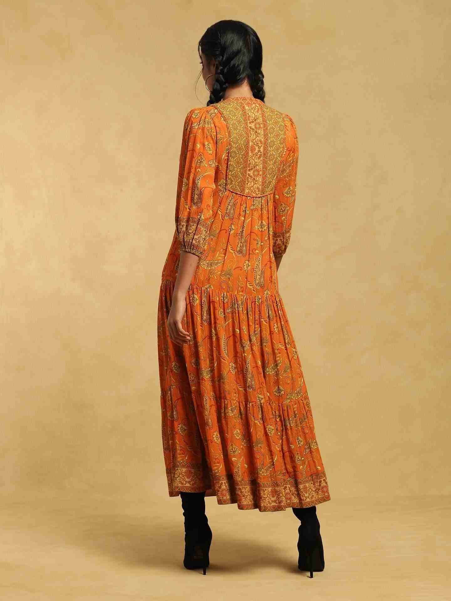 Rust Mysore Cotton Tiered Dress