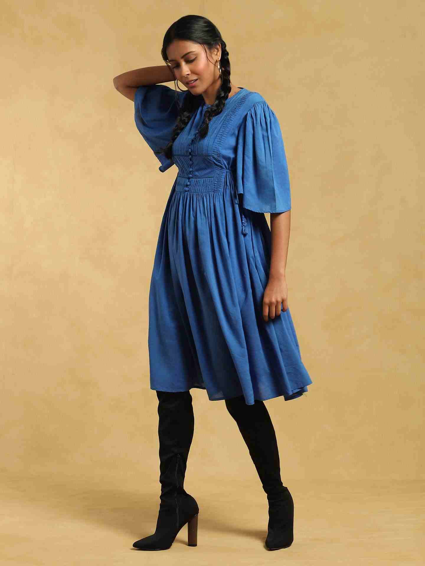 Blue Taxidermy Solid Cotton Dress