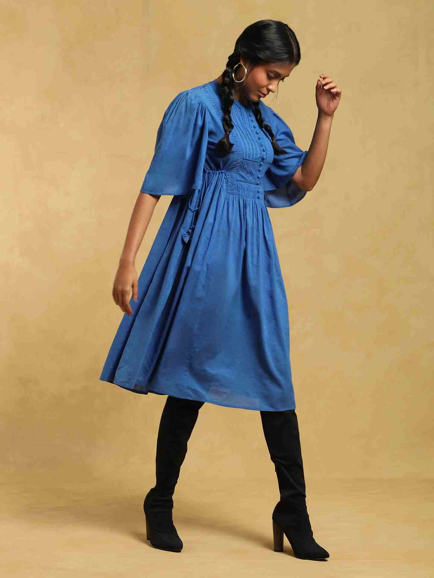 Blue Taxidermy Solid Cotton Dress