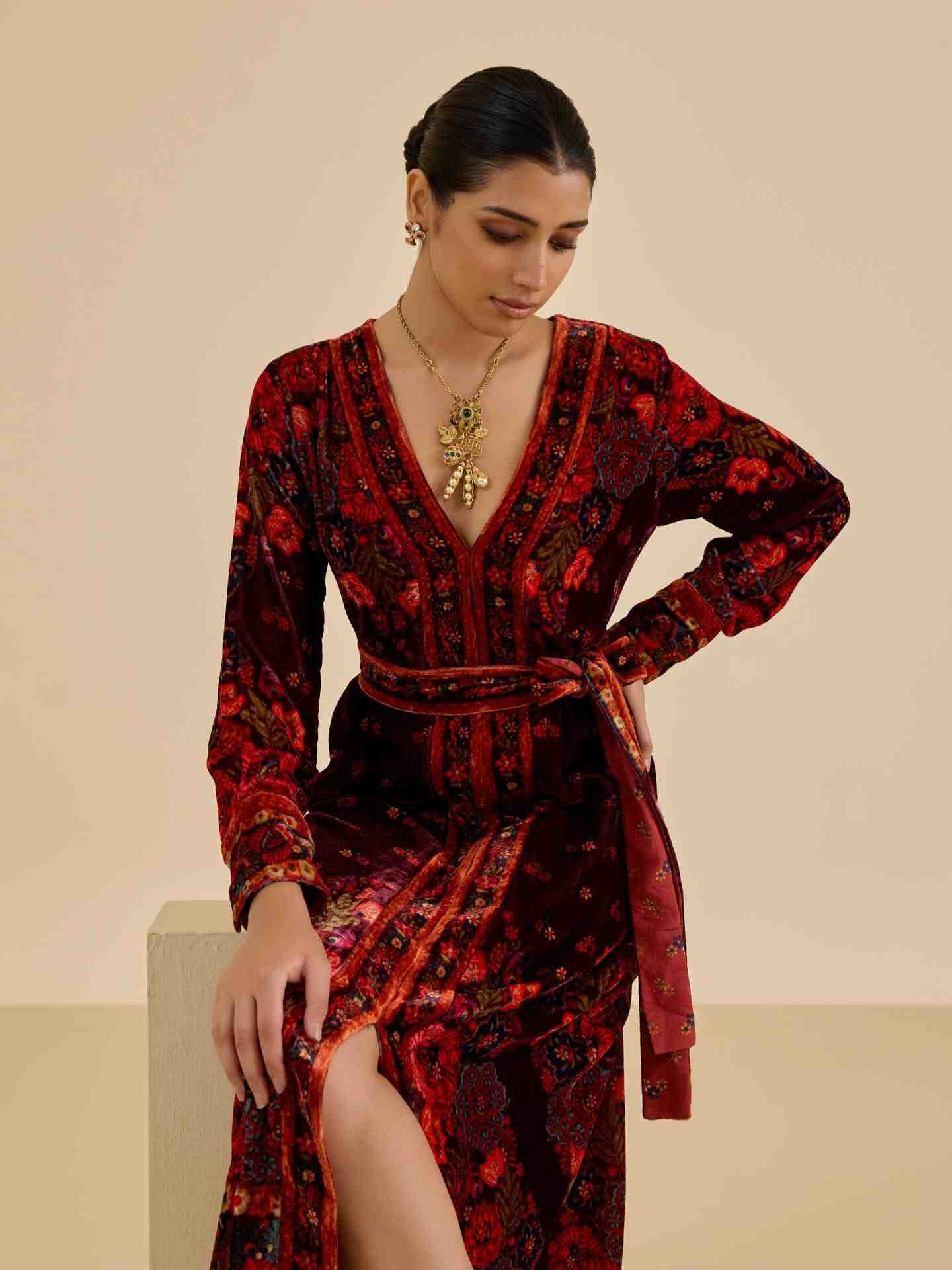 Wine Sasha Print  Long Dress