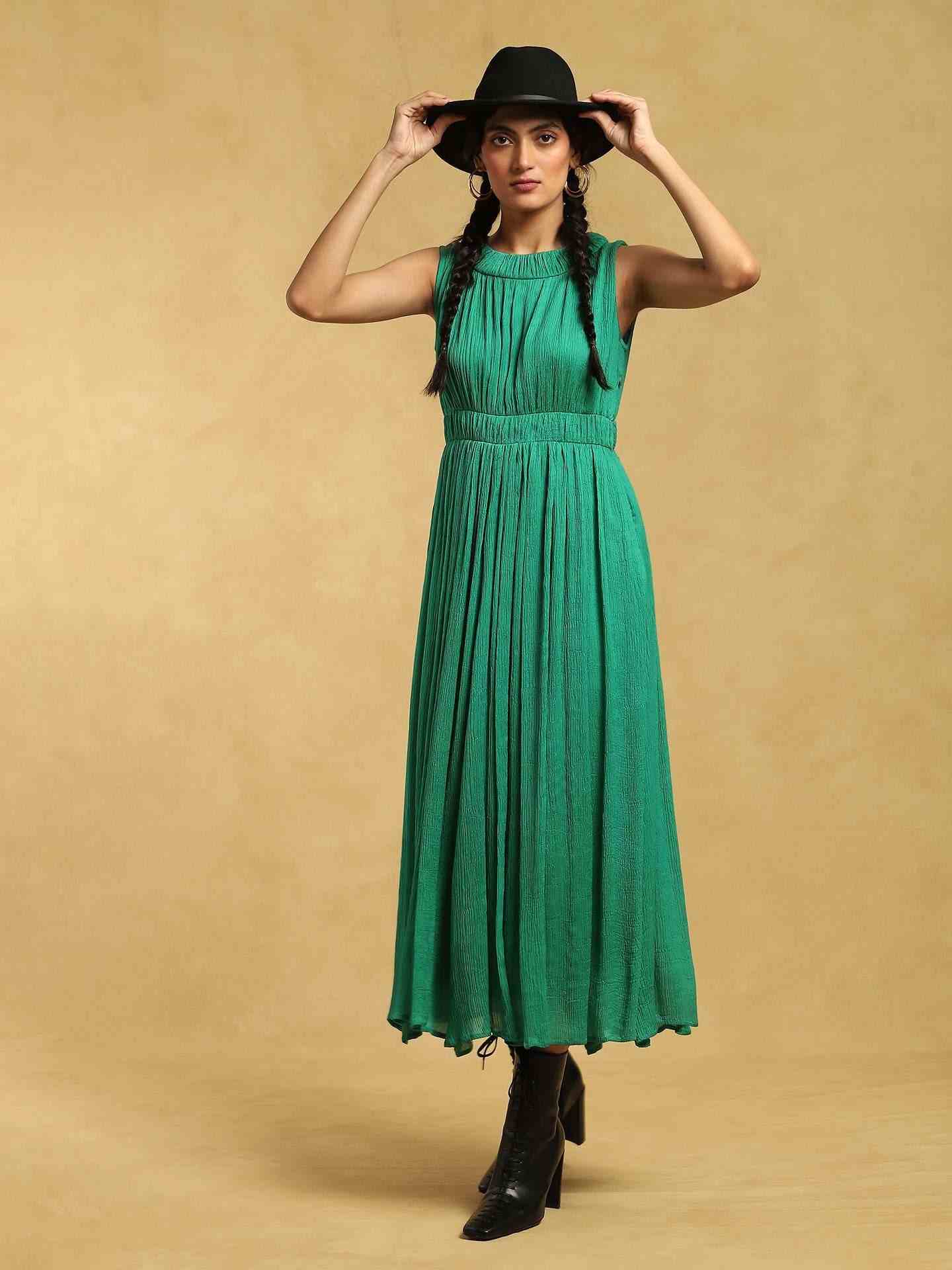 Green Meta Solid Satin Dress