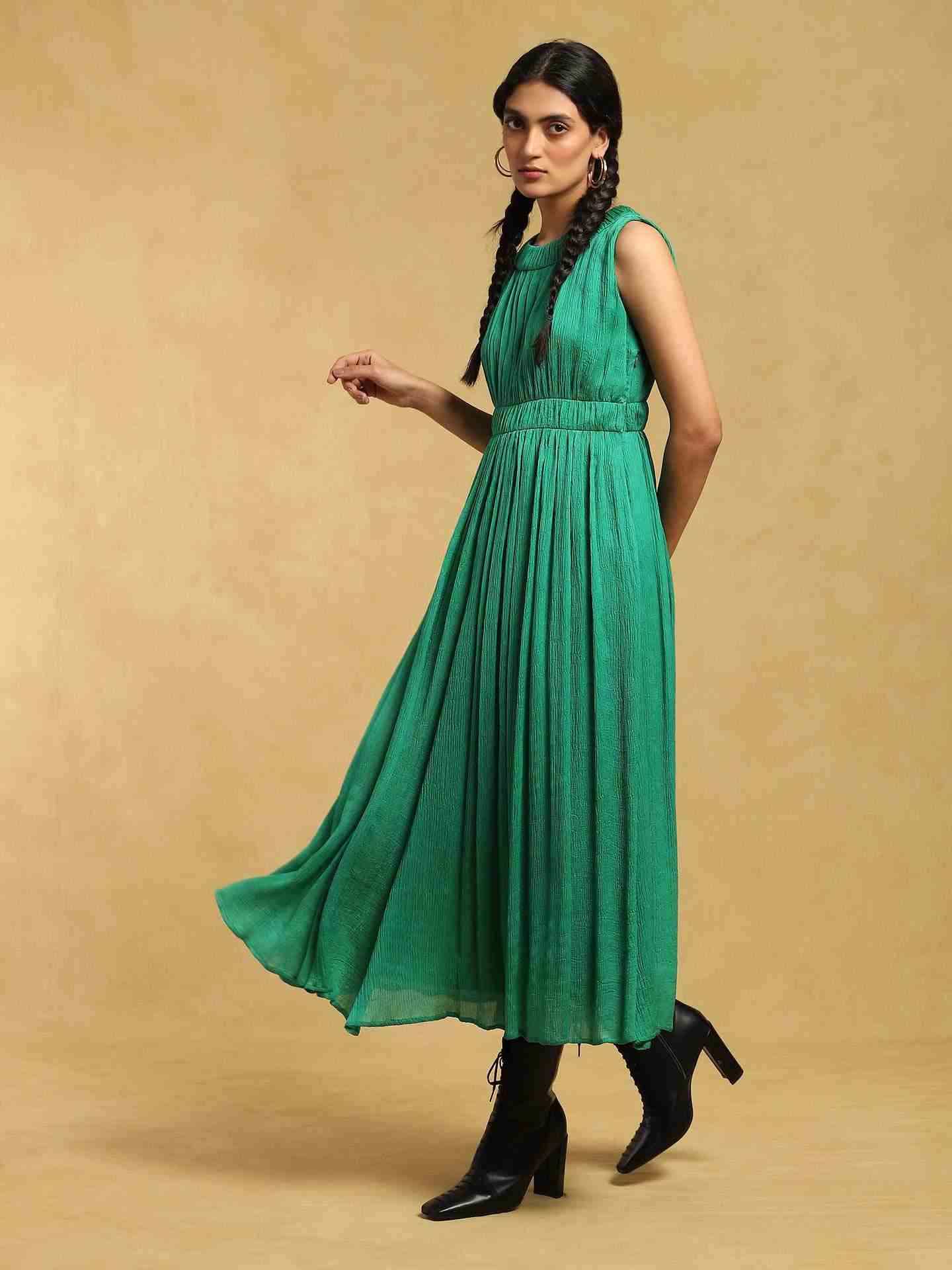 Green Meta Solid Satin Dress