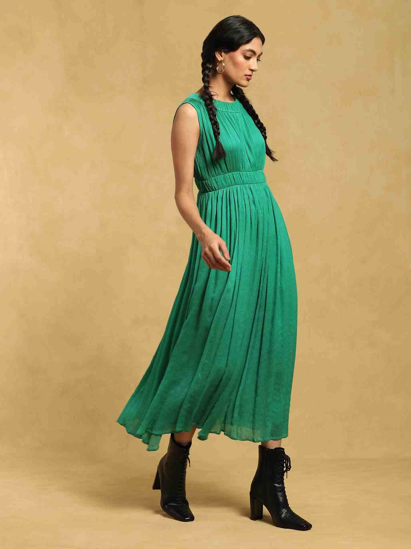 Green Meta Solid Satin Dress