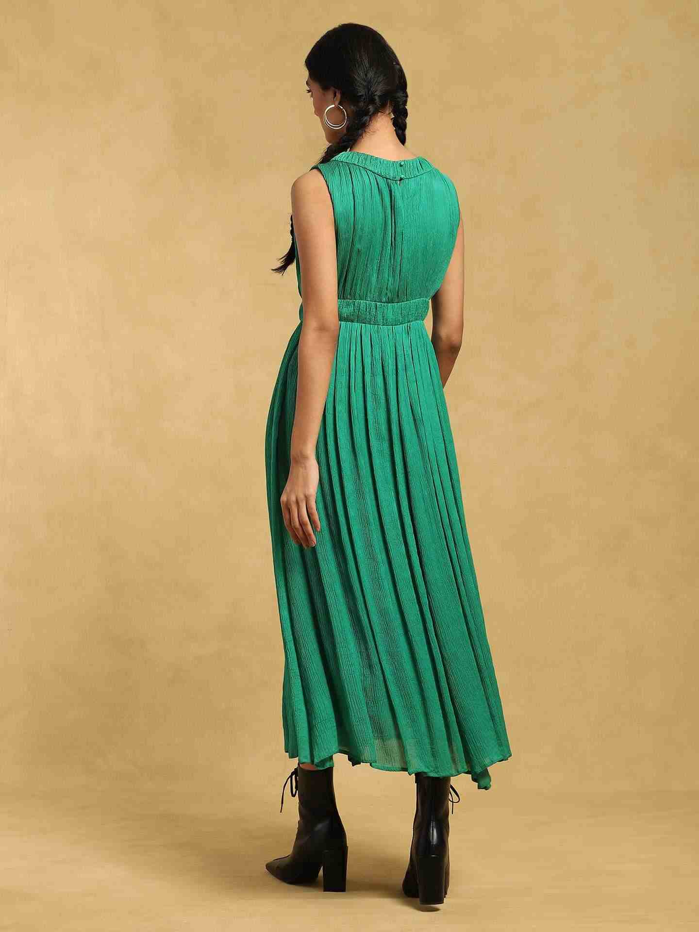 Green Meta Solid Satin Dress
