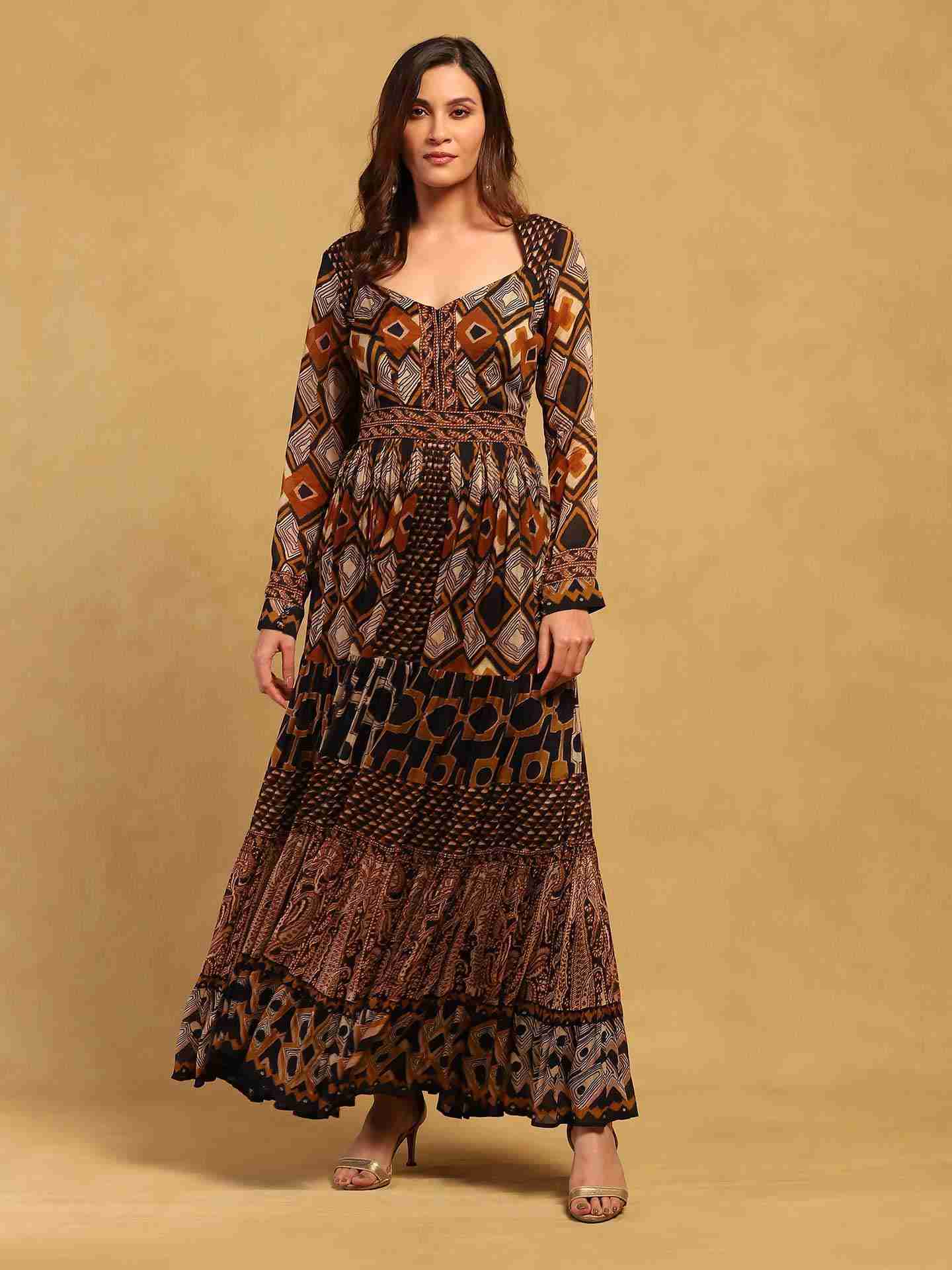 Brown Meraki Border Maxi Dress