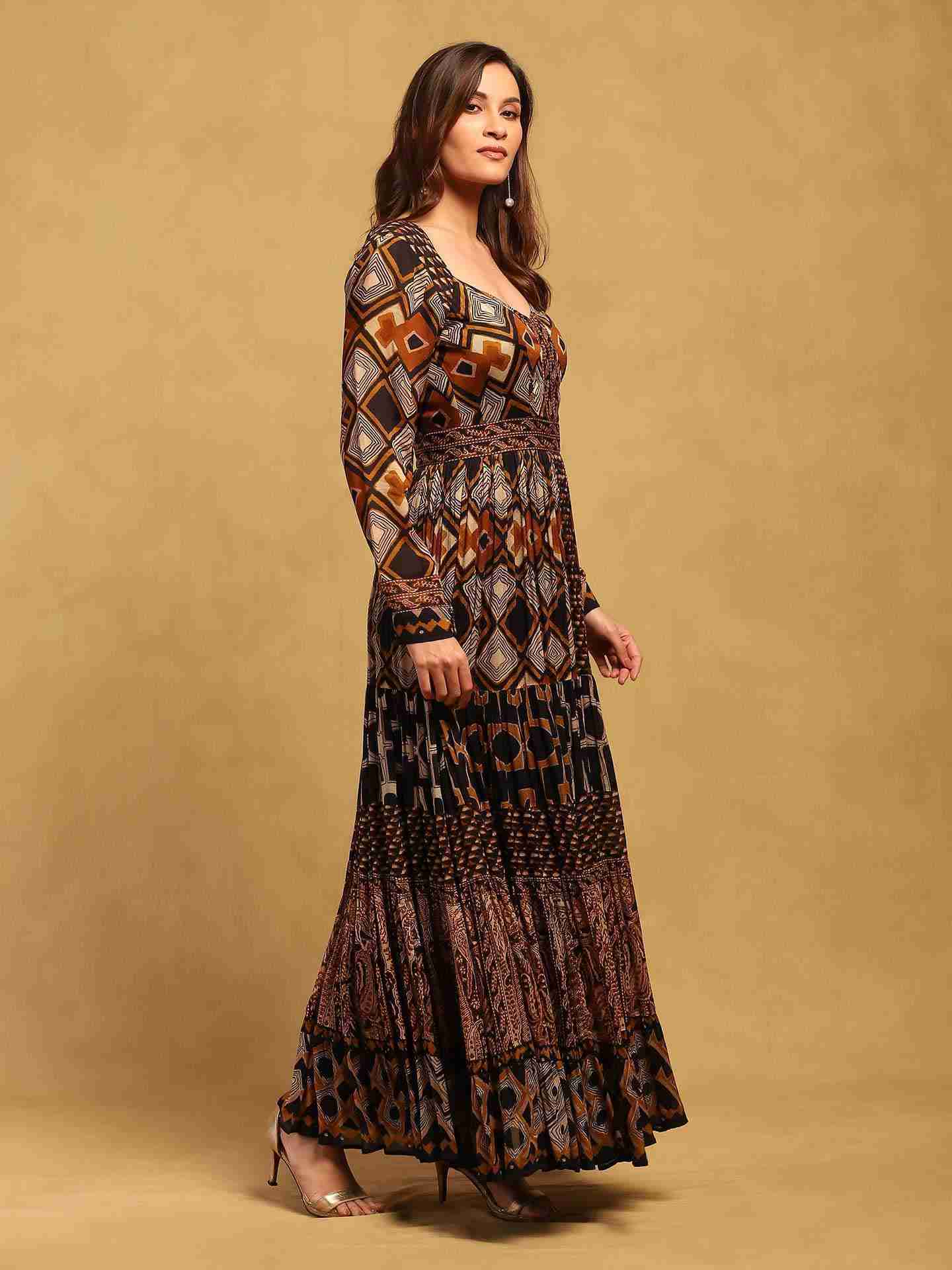 Brown Meraki Border Maxi Dress